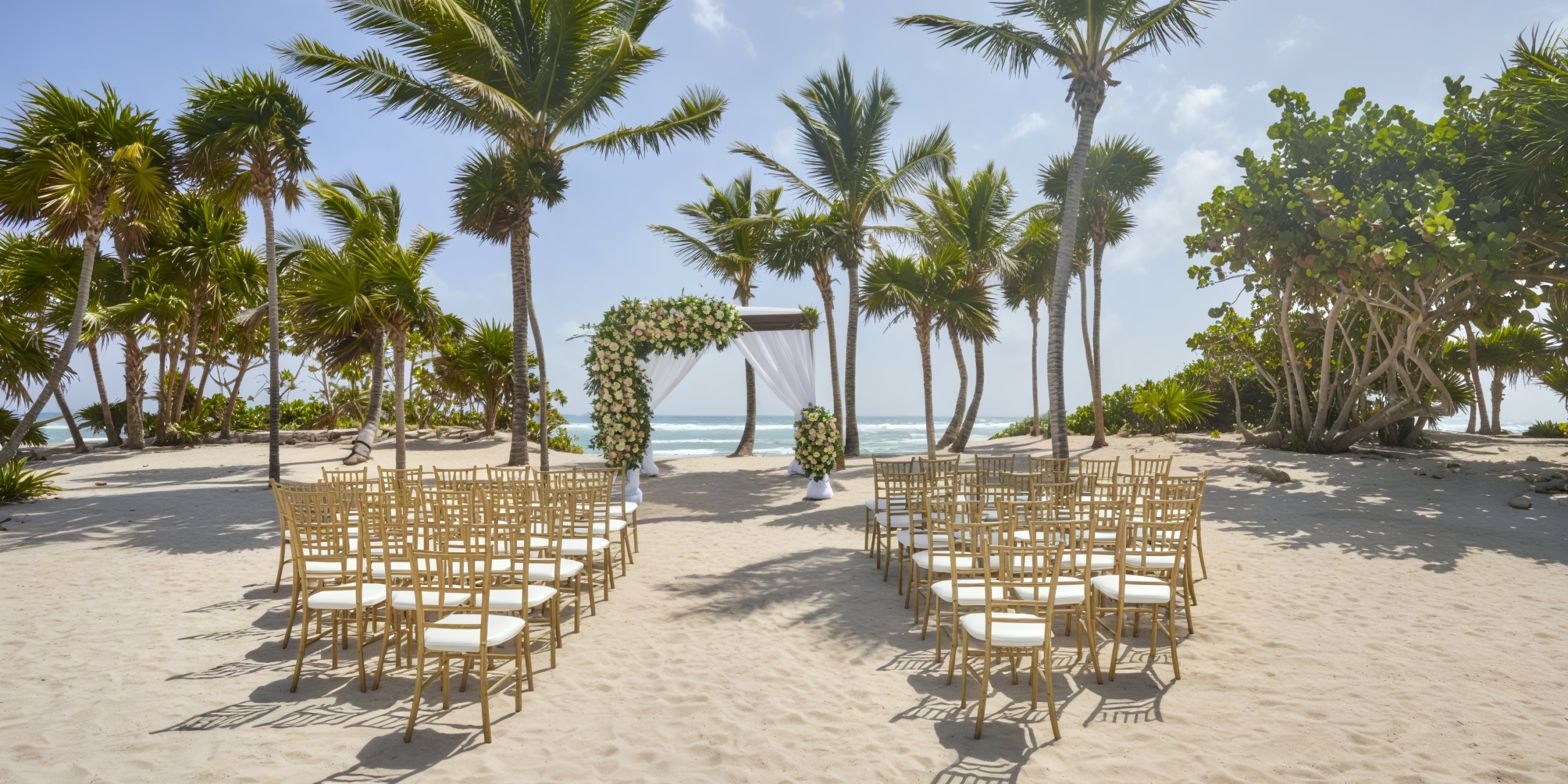 Bahia Principe Grand Tulum provides an exquisite destination wedding setup on the beach, with chairs arranged to face a beautiful floral arch.