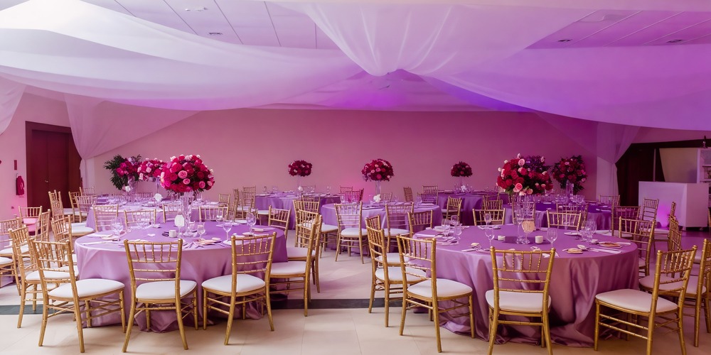 Bahia Principe Grand La Romana offers an exquisite setting perfect for a destination wedding, featuring an elegant hall adorned with purple drapes, gold chairs, and soft lighting.