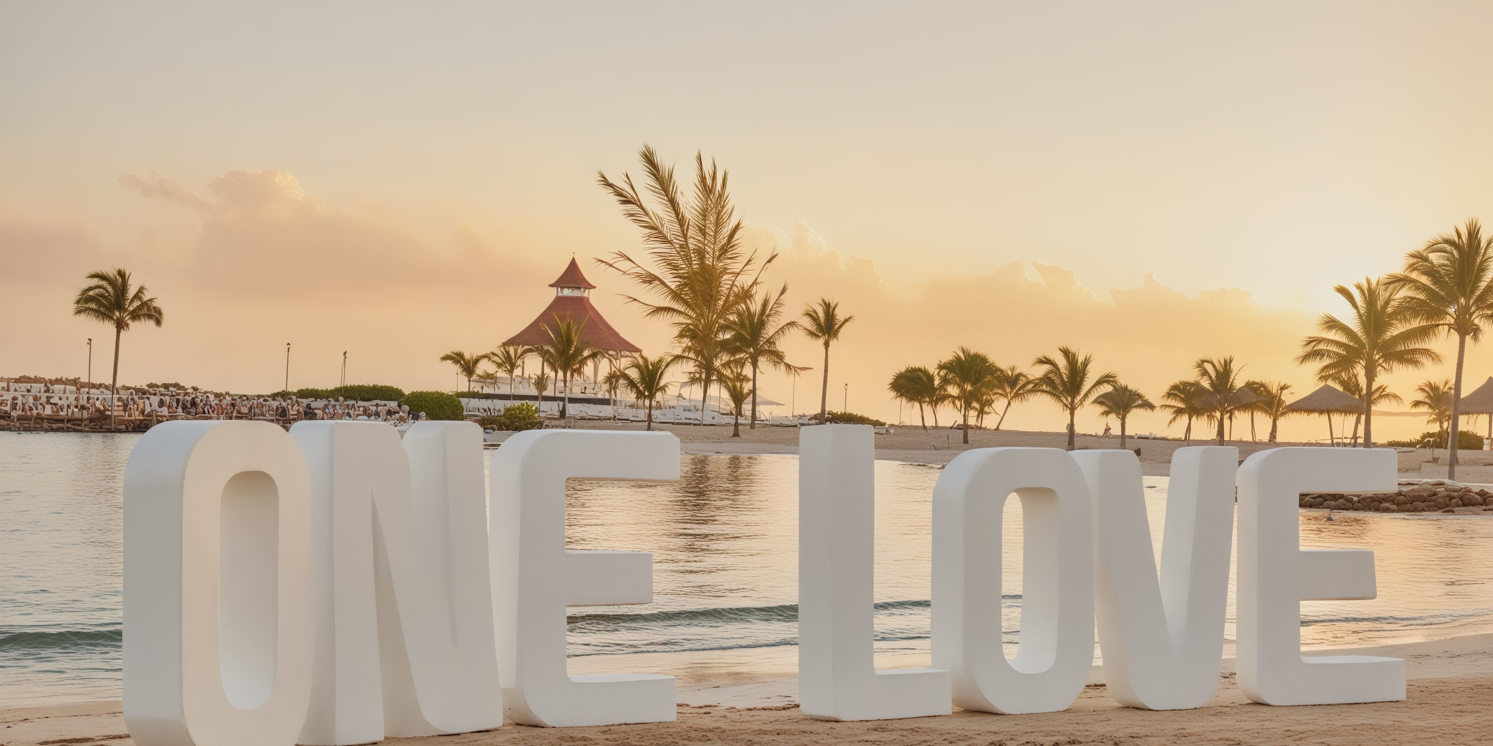 On the tranquil shores of Bahia Principe Grand Jamaica, large "ONE LOVE" letters stand proudly amidst palm trees and gentle waters, creating a picturesque setting perfect for a destination wedding.
