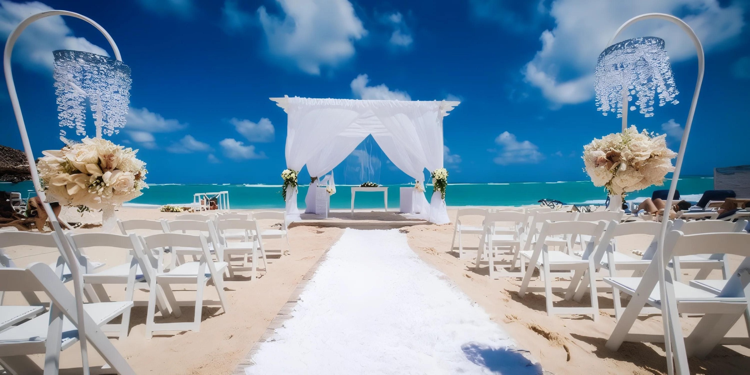 Beach wedding setup with white chairs, a flower-lined aisle, and a canopy decorated with white drapes. Crystal chandeliers and flower arrangements adorn the aisle. Blue sky and ocean in the background.