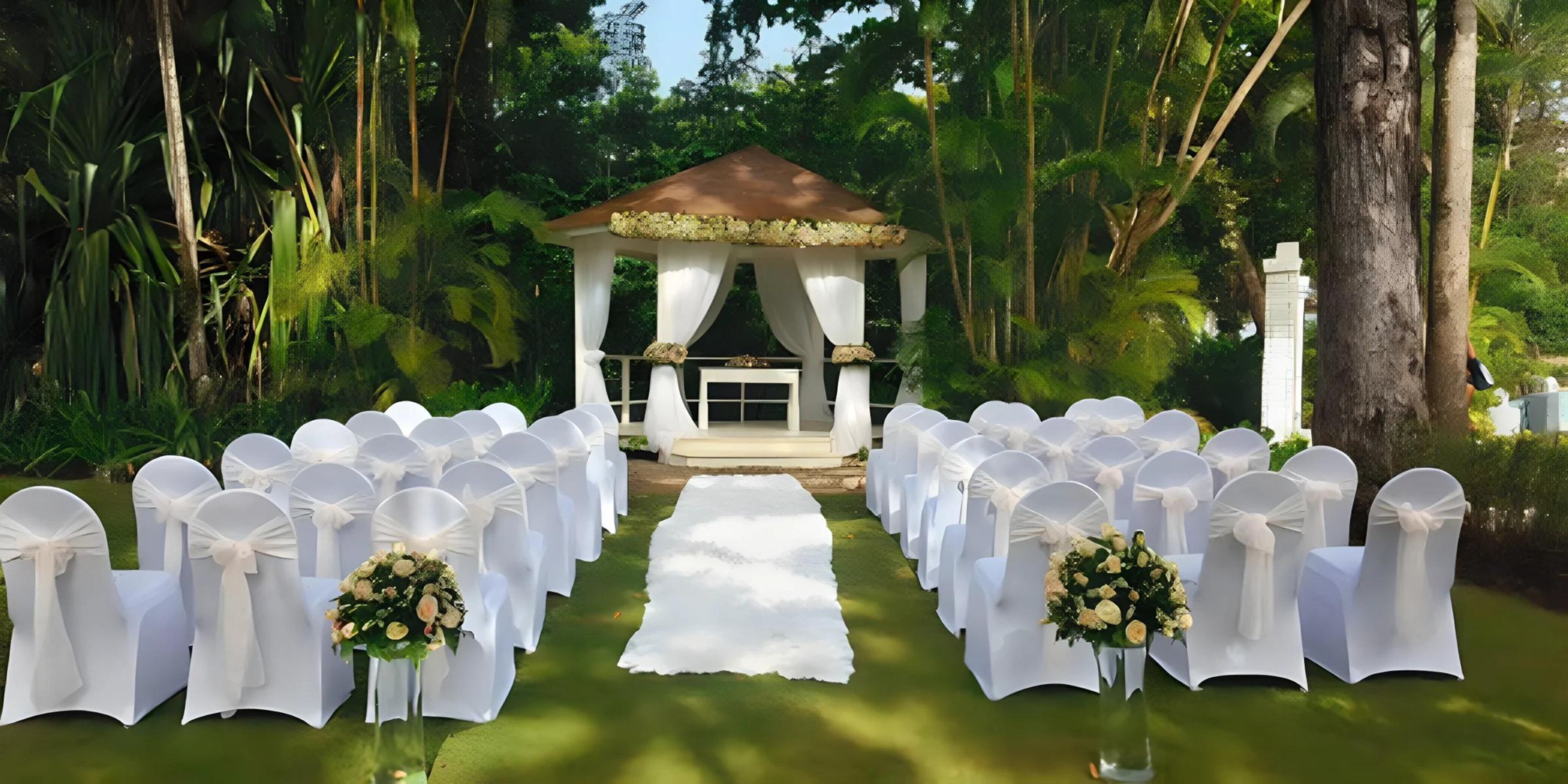 Outdoor destination wedding setup with white chairs aligned along a white aisle leading to a floral-decorated gazebo in a lush green garden.