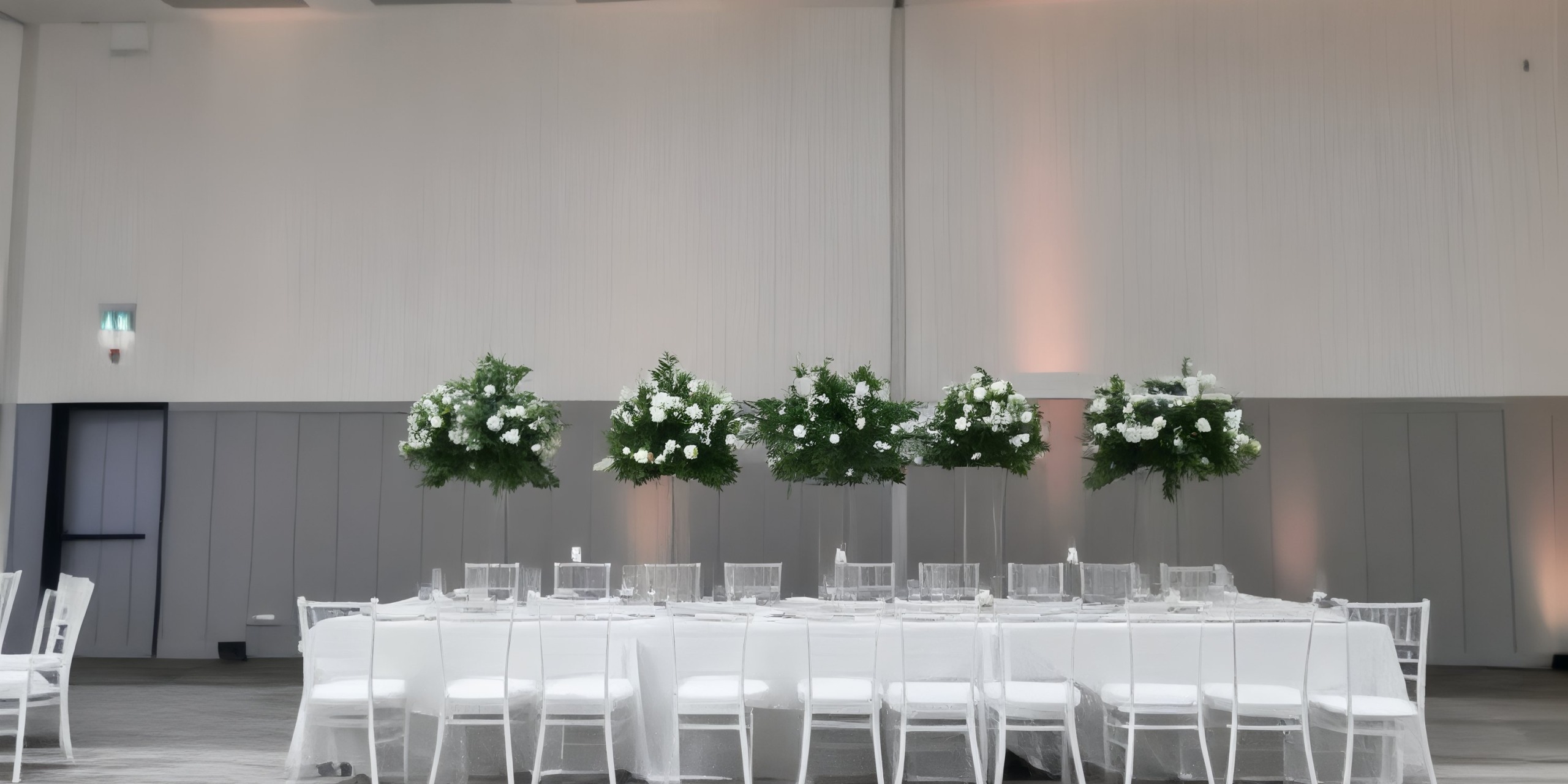 The elegant setup at the Grand Palladium Palace for this destination wedding features white linens, clear chairs, and beautiful floral decor.