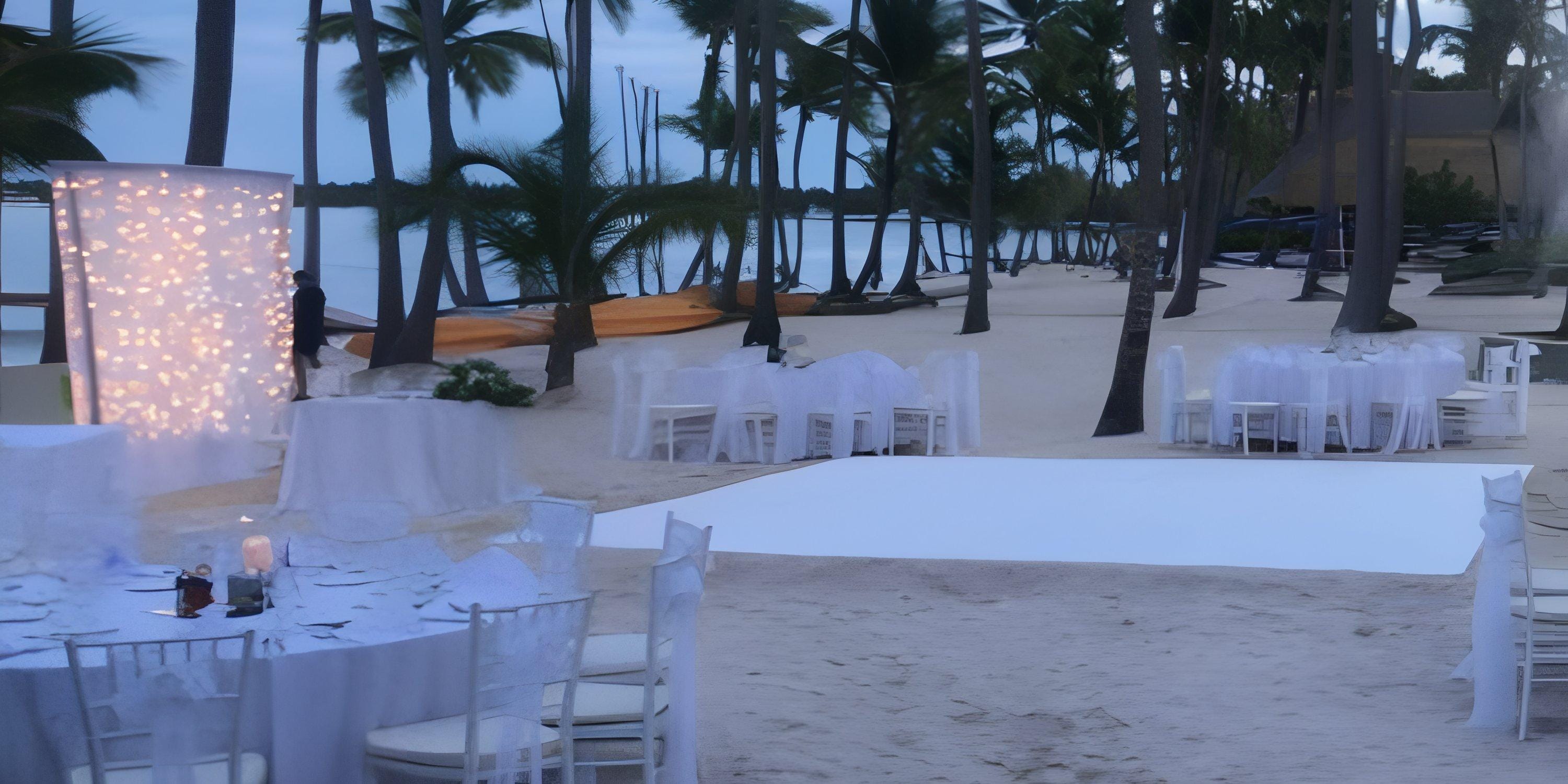 Destination wedding setup at Barcelo Bavaro Palace with round tables, chairs, and palm trees at dusk.