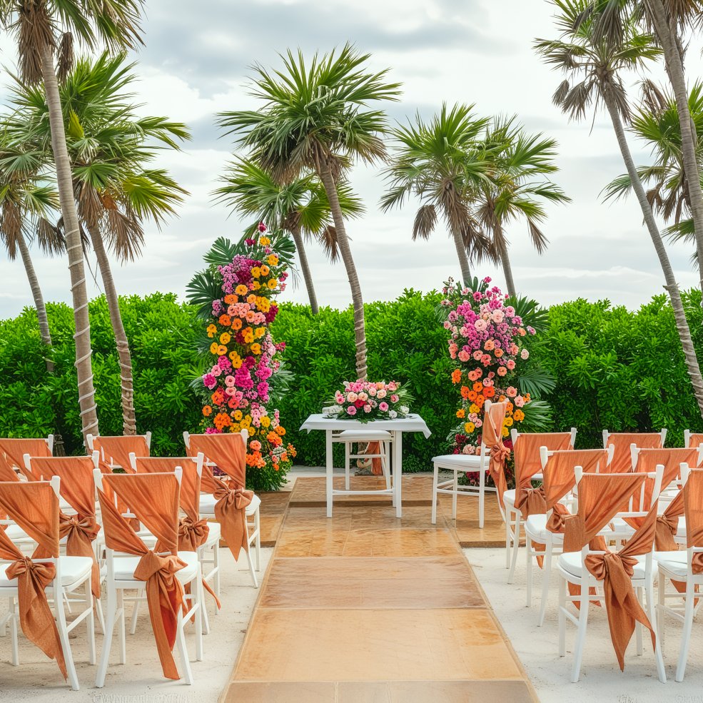 The Barcelo Maya Palace is elegantly arranged for a destination wedding, featuring rows of chairs, vibrant floral arches, and majestic palm trees.
