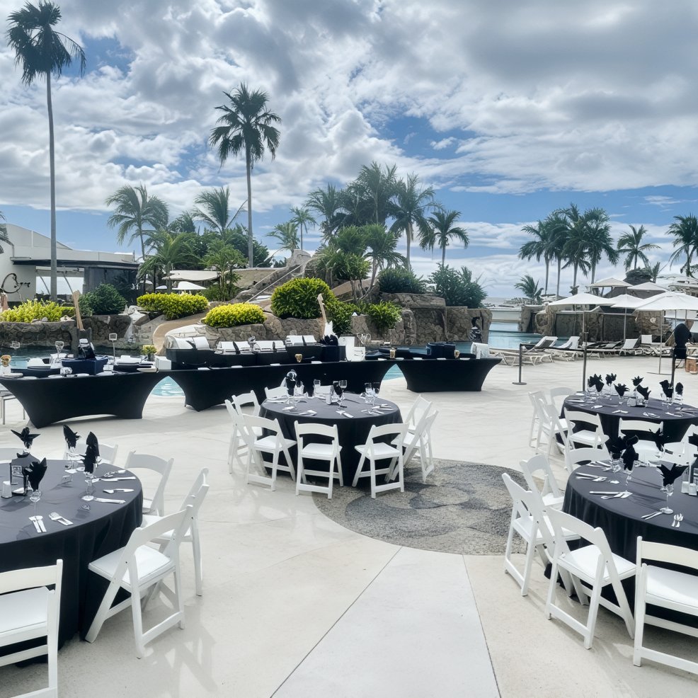 An elegant outdoor destination wedding setup featuring round tables draped in black tablecloths and surrounded by white chairs, arranged poolside for a stunning celebration atmosphere.