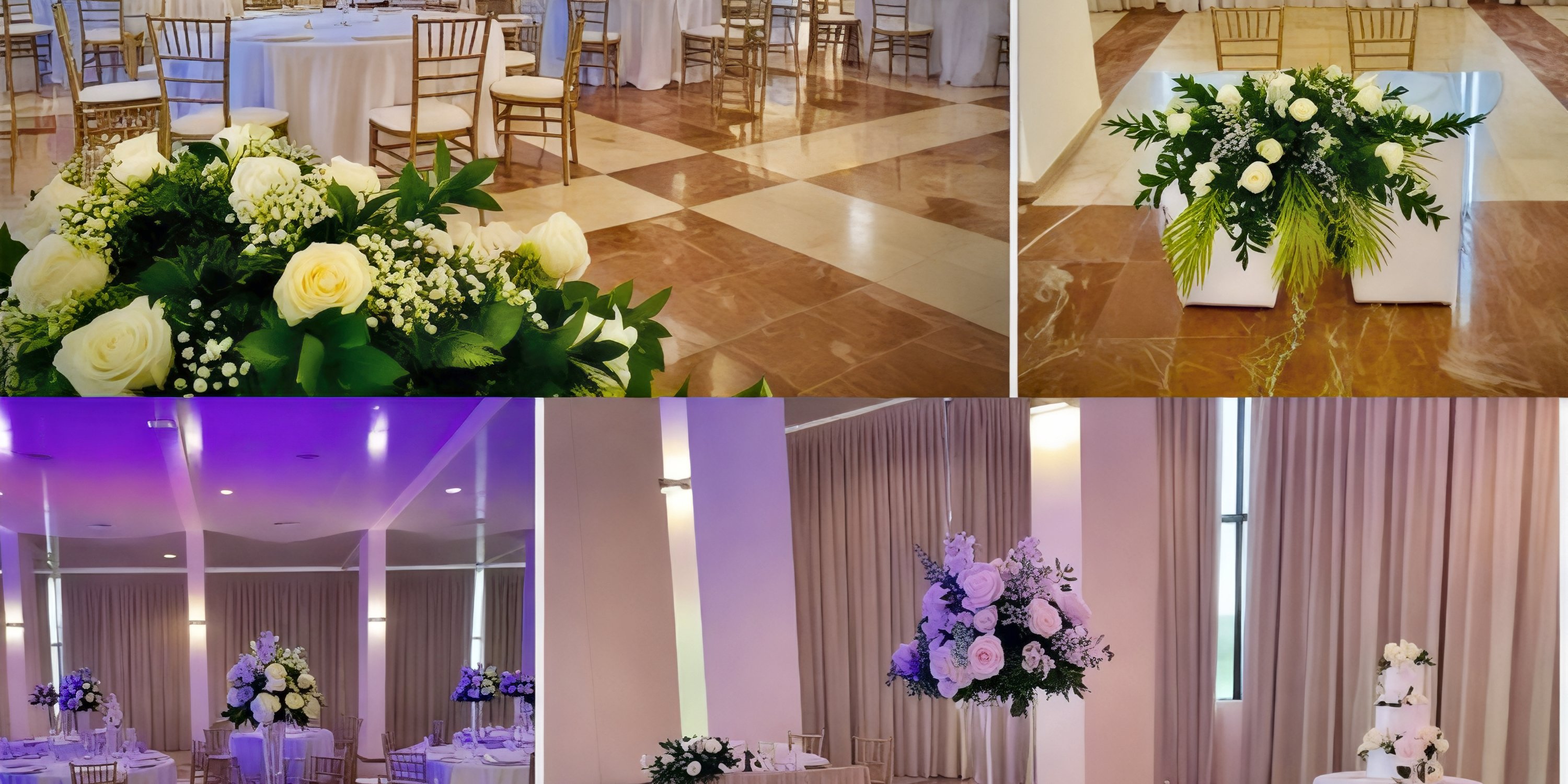Collage showcasing elegant wedding tables adorned with white florals at the Catalonia Bavaro Beach banquet hall—perfect for a destination wedding.