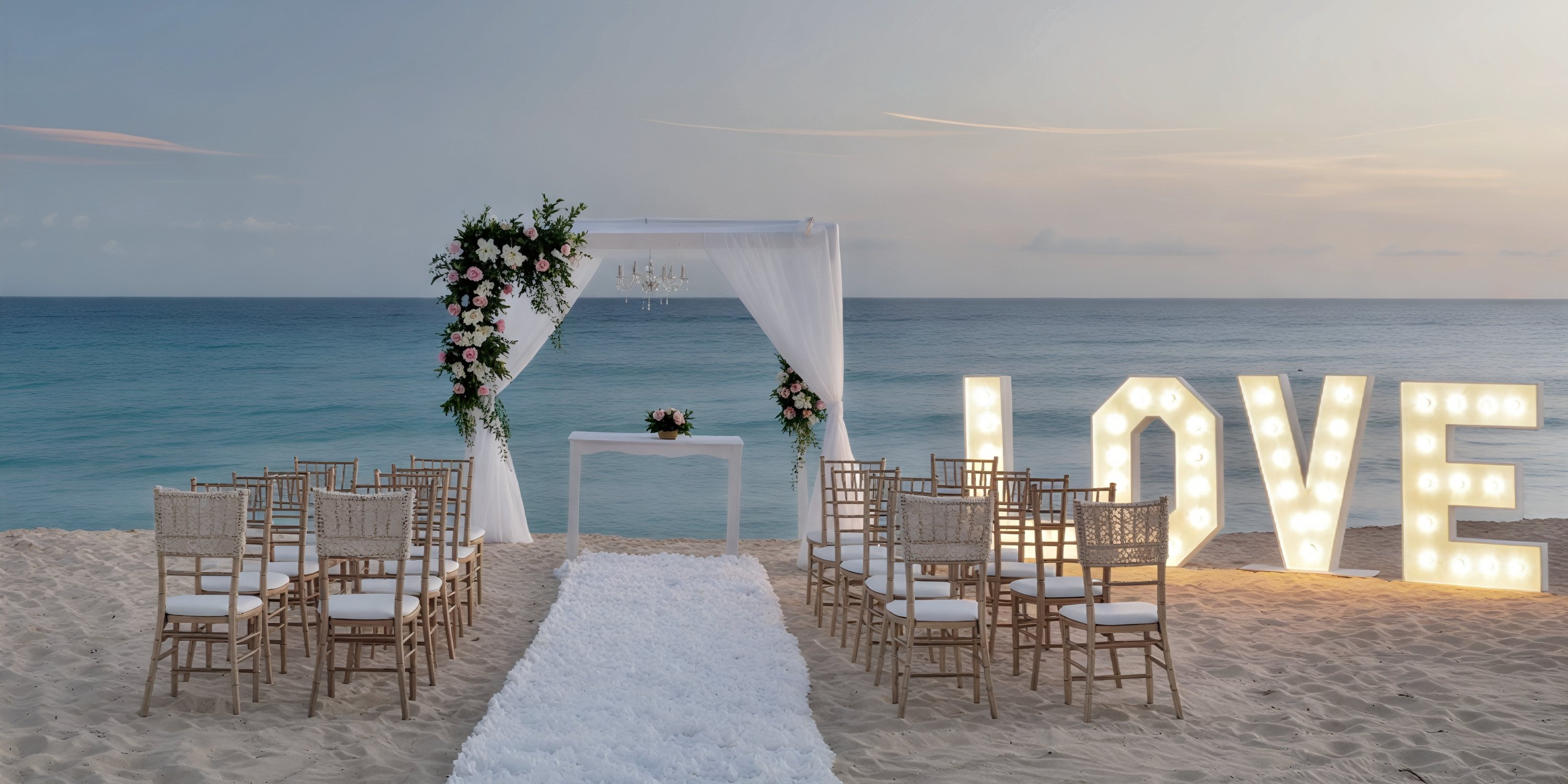 A stunning destination wedding setup at Catalonia Bavaro Beach, featuring elegant chairs, a beautifully decorated floral arch, an aisle for the ceremony, and illuminated LOVE letters.