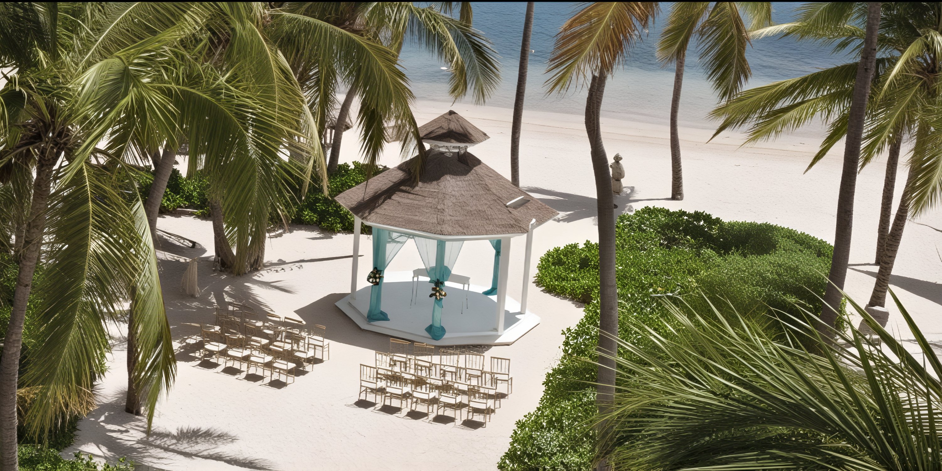 A beautiful wedding gazebo at Catalonia Bavaro Beach, surrounded by chairs set up under swaying palm trees on the white sand overlooking the ocean—an idyllic setting for a destination wedding.