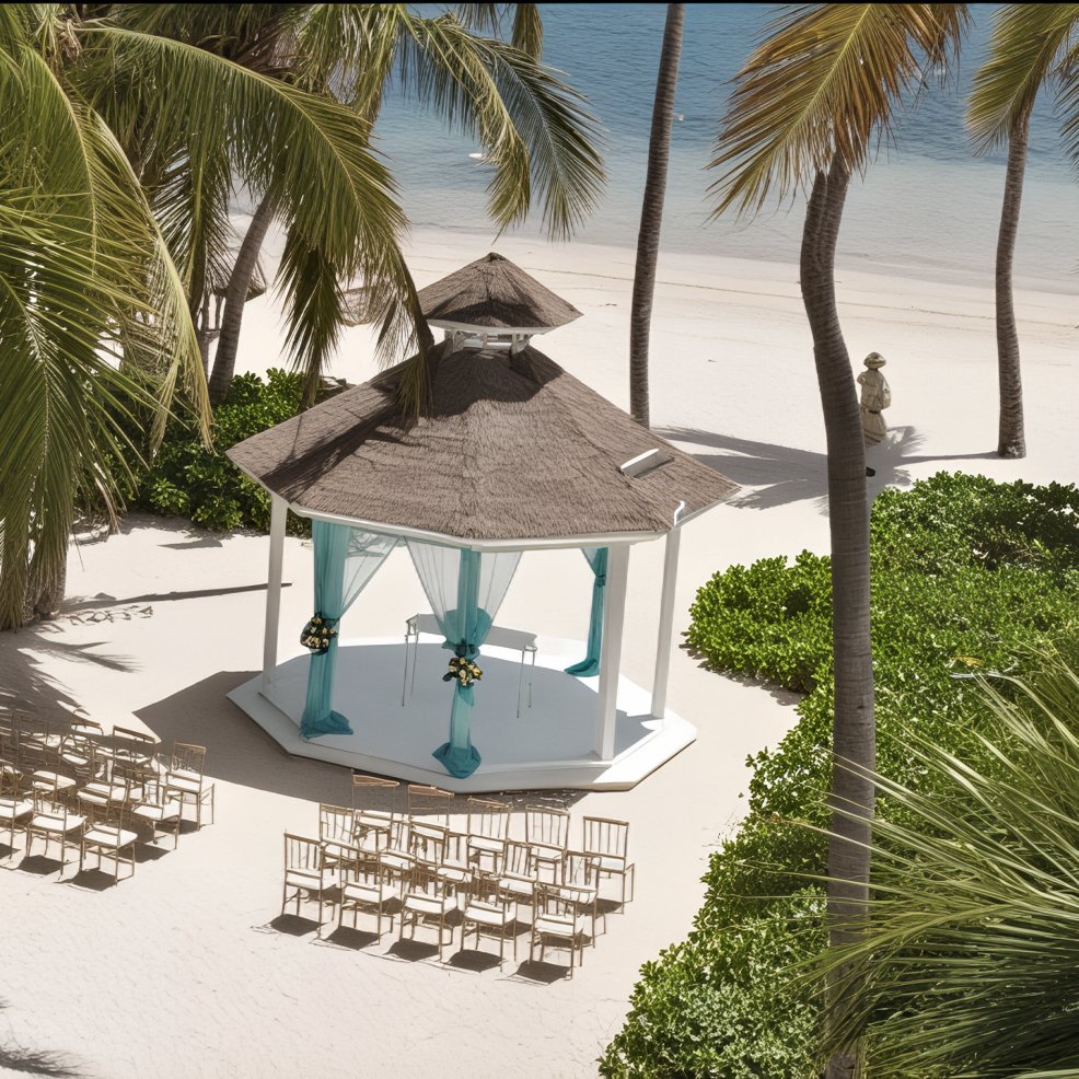 A beachside gazebo beautifully set up for a destination wedding, with chairs arranged for the ceremony amidst palm trees and soft sand.