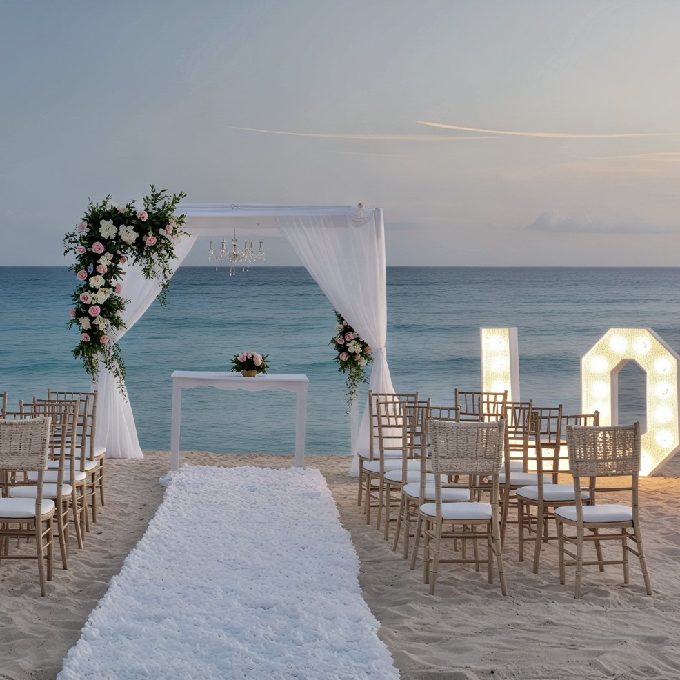 A stunning destination wedding setup on the beach at sunset, featuring a floral arch, elegant chairs lining a white aisle, and a large "LOVE" sign as a romantic centerpiece.