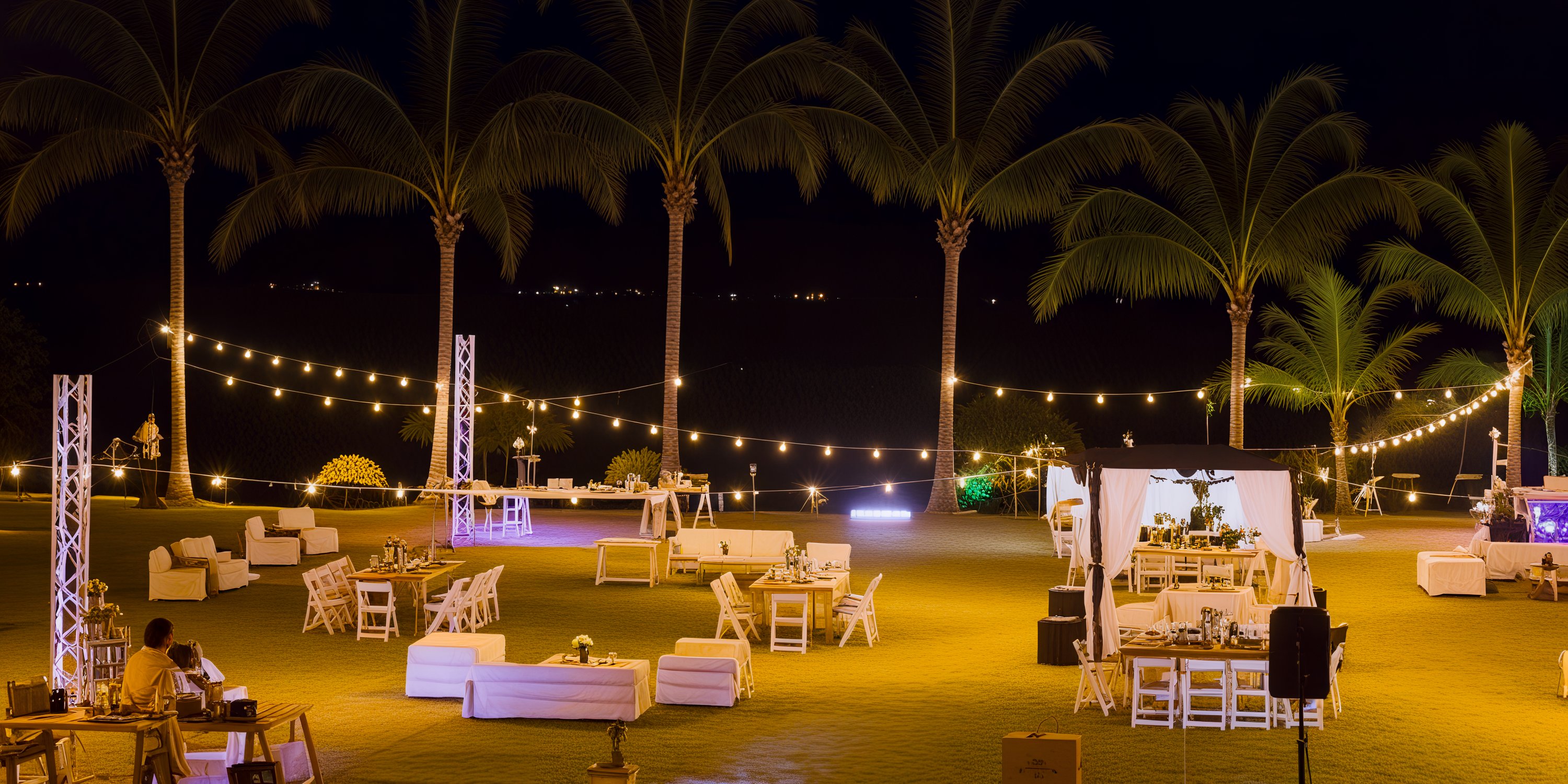 Experience a magical night event at Dreams Playa Bonita, where palm trees sway under the gentle glow of string lights draped over intimate seating areas. This enchanting setting is perfect for a destination wedding, creating unforgettable memories in an idyllic paradise.