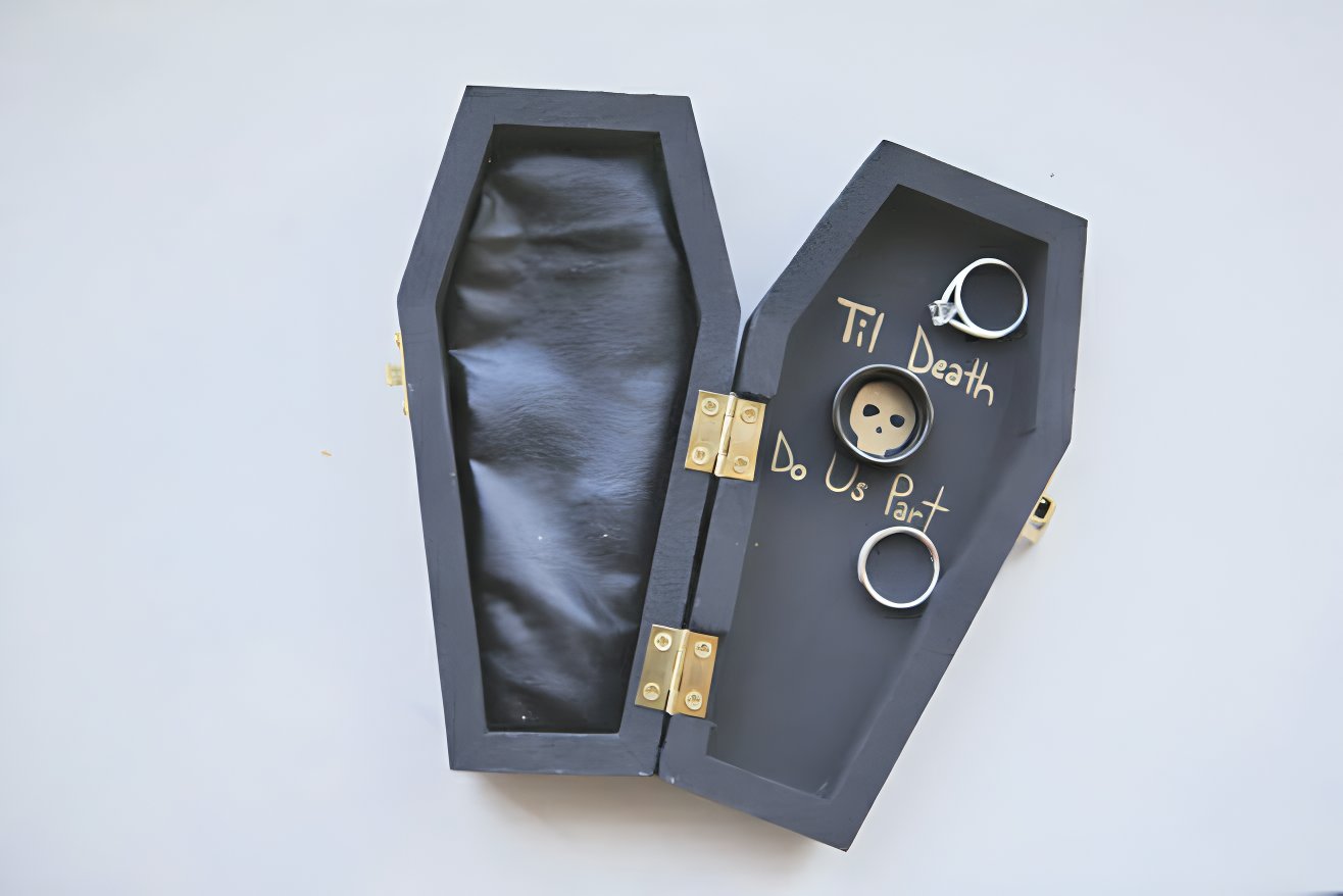 spooky wedding ceremony ideas for the halloween season coffin ring box