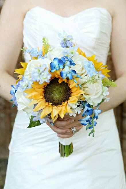 fall destination wedding floral designs hydrangea and sunflower autumn bouquet