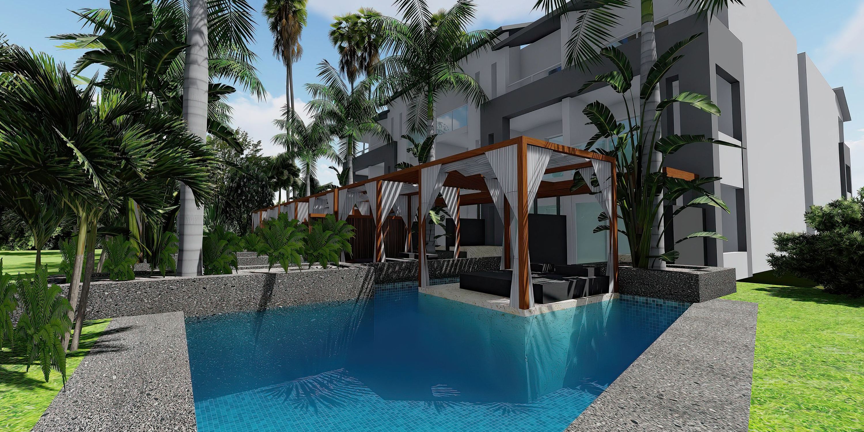 Modern pool with pergola seating at Dreams Royal Beach Punta Cana, ideal for a tropical destination wedding.