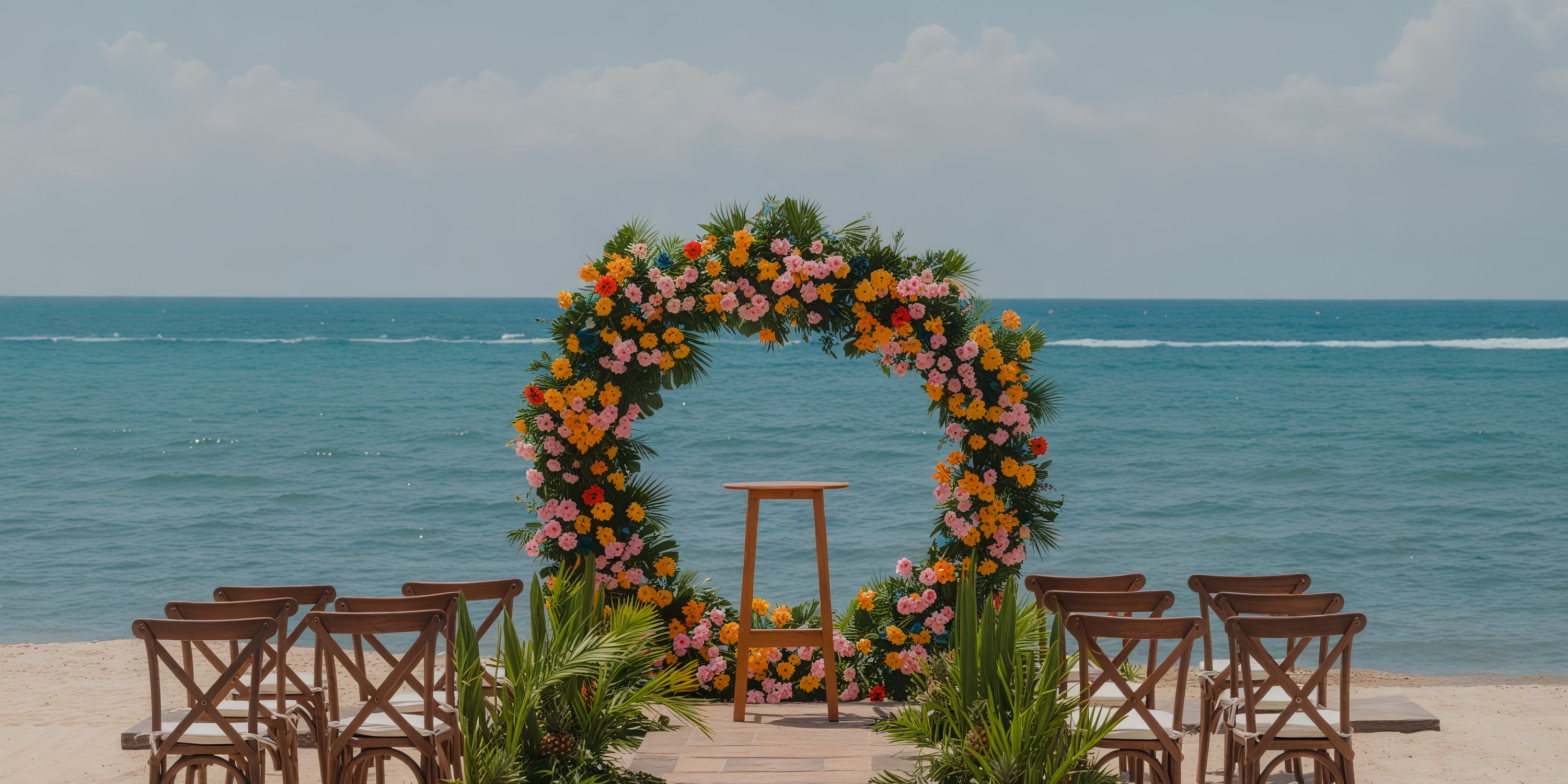 A dreamy destination wedding setup awaits at Dreams Cozumel Cape, featuring a floral arch and chairs elegantly positioned to face the ocean.