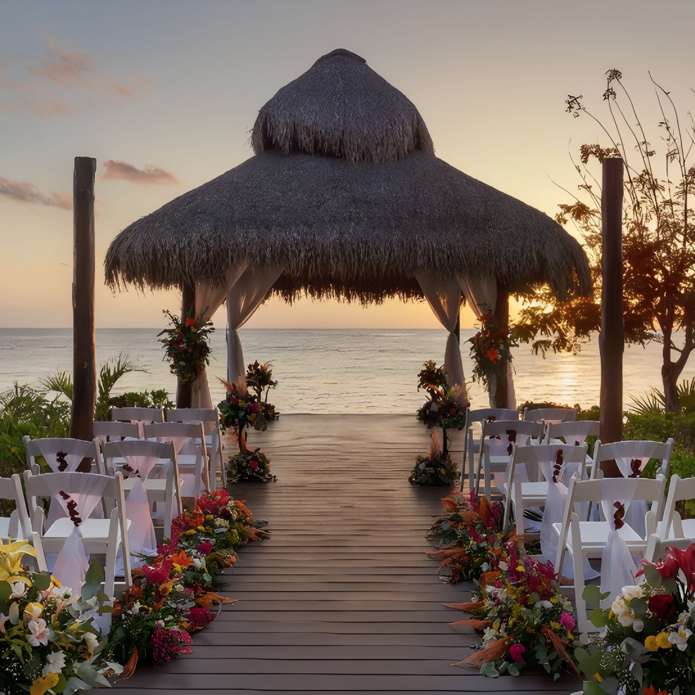 Thatched gazebo on a beach at sunset, beautifully decorated for a romantic destination wedding.