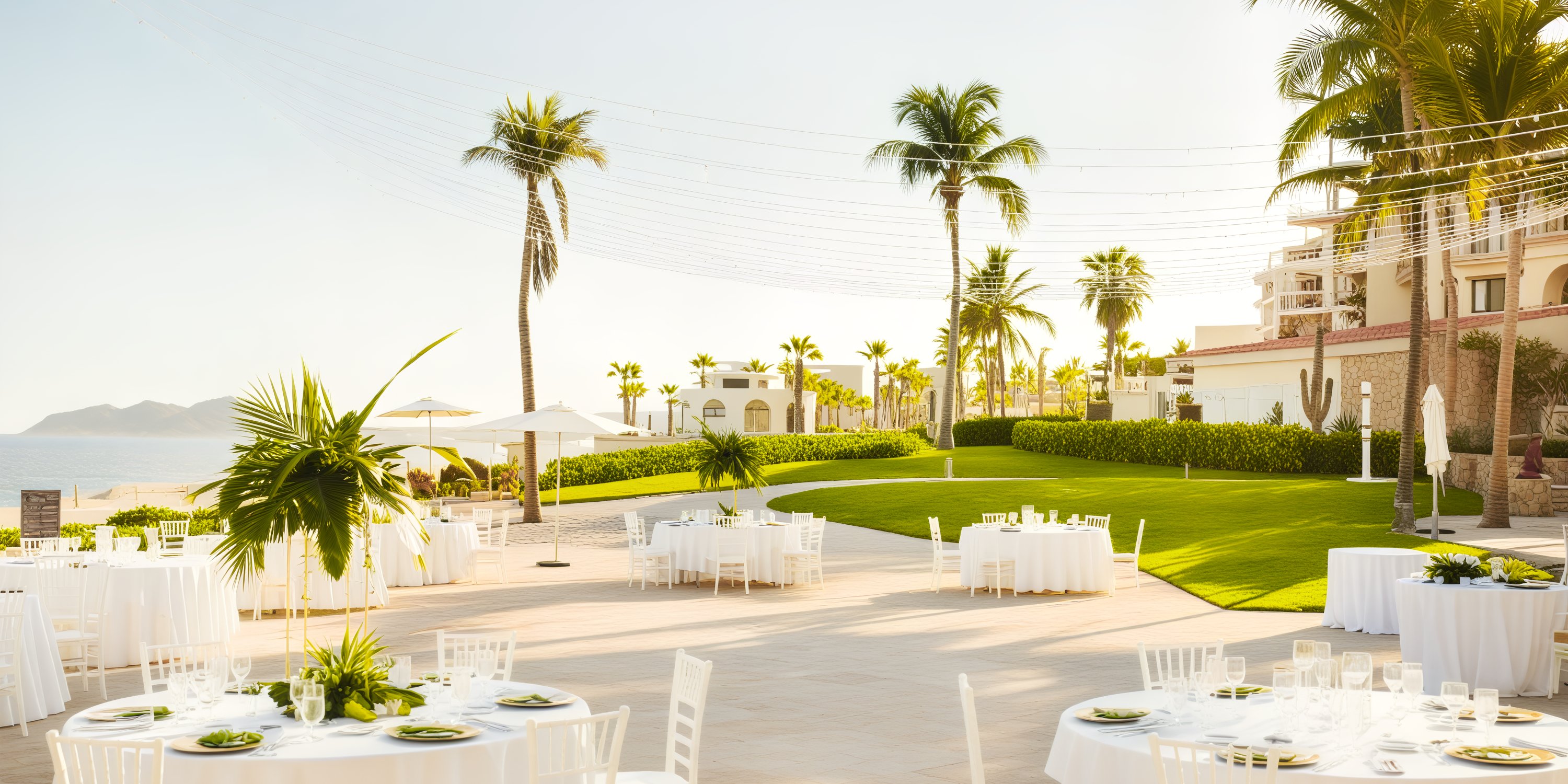 Dreams Los Cabos offers the perfect setup for a destination wedding, featuring round tables beneath swaying palm trees and set against a backdrop of clear skies.