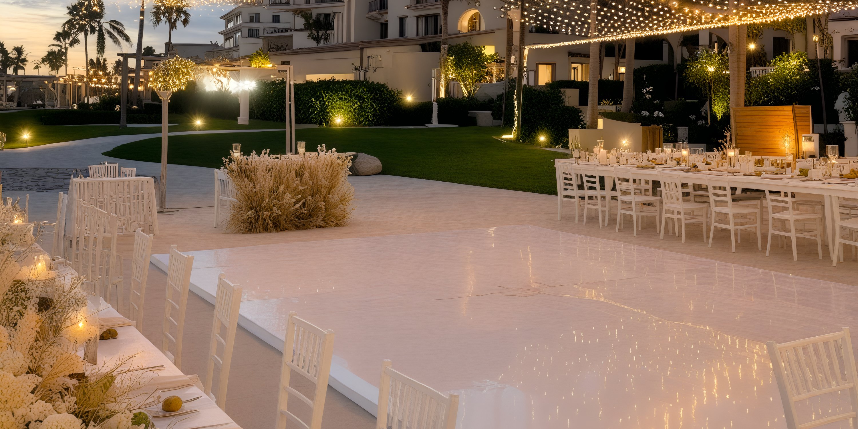 The enchanting Dreams Los Cabos sets the perfect scene for a destination wedding, featuring elegantly decorated tables and twinkling string lights that illuminate the venue at dusk.