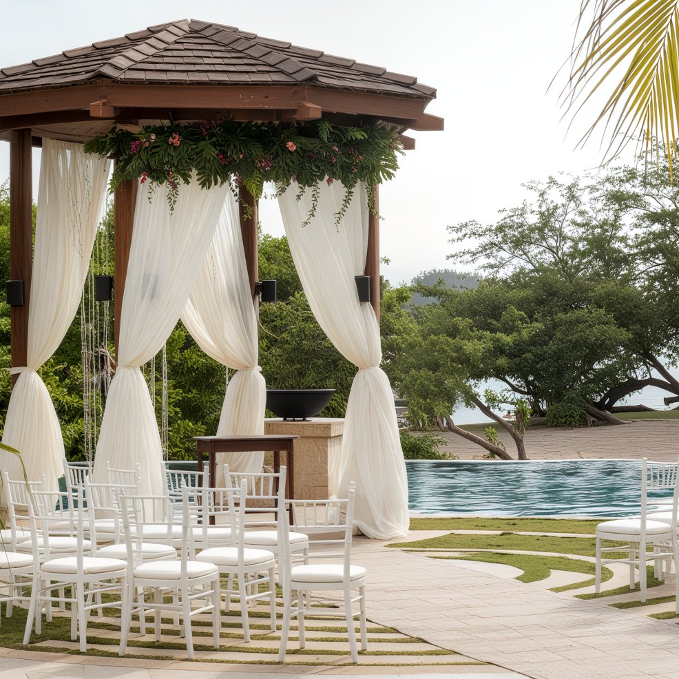 Outdoor gazebo with white drapes and chairs arranged by a poolside, prepared for a destination wedding.