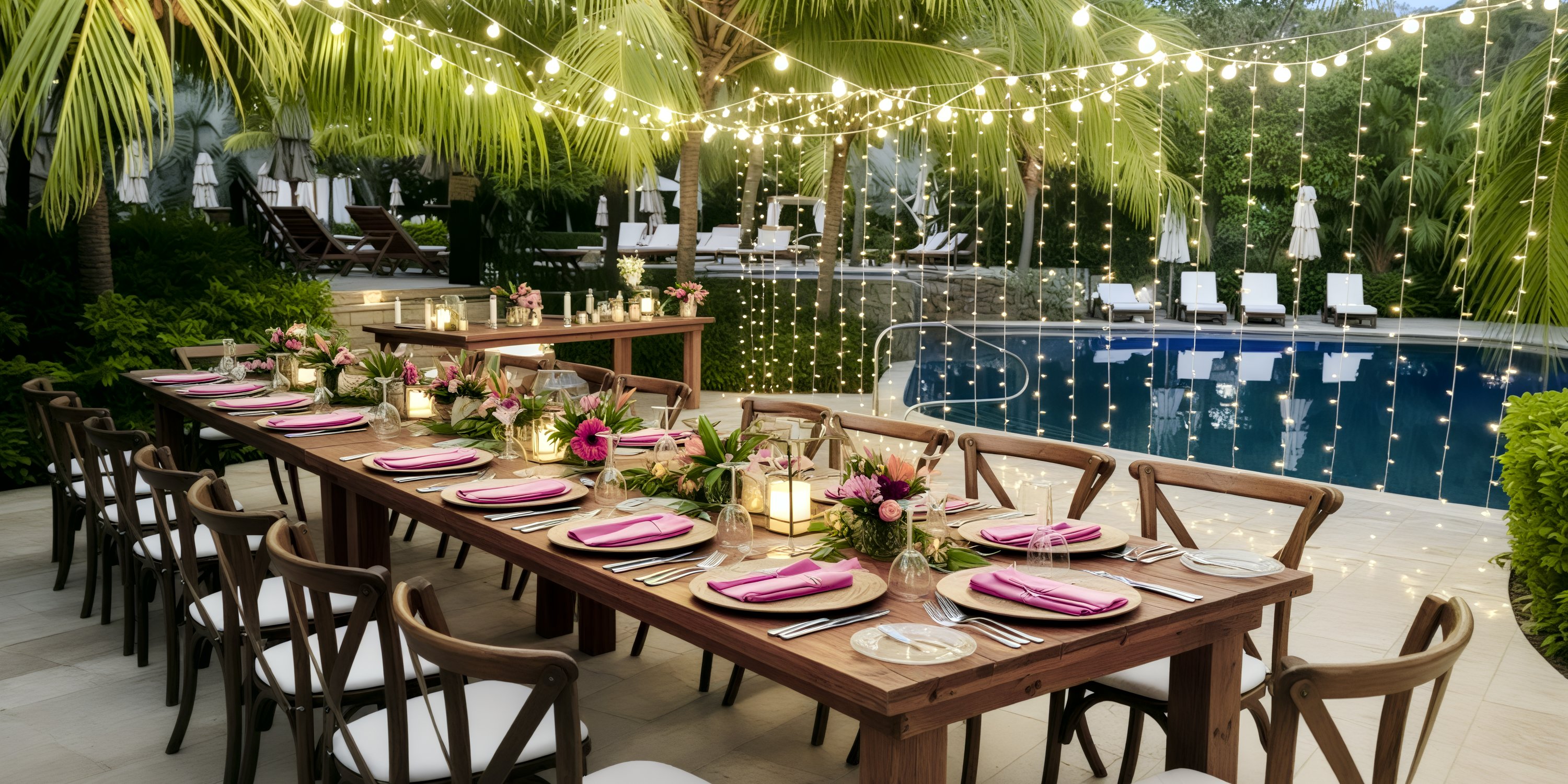 Dreams Las Mareas: Poolside outdoor dining table with pink napkins and flowers for a destination wedding.