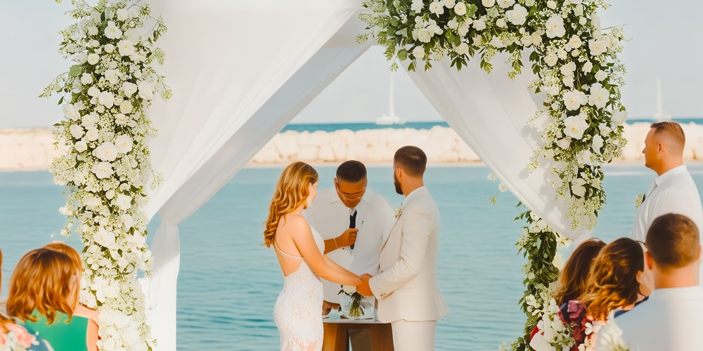 A couple holds hands beneath a floral arch at their picturesque destination wedding on the beach at Dreams Aventuras Riviera Maya.