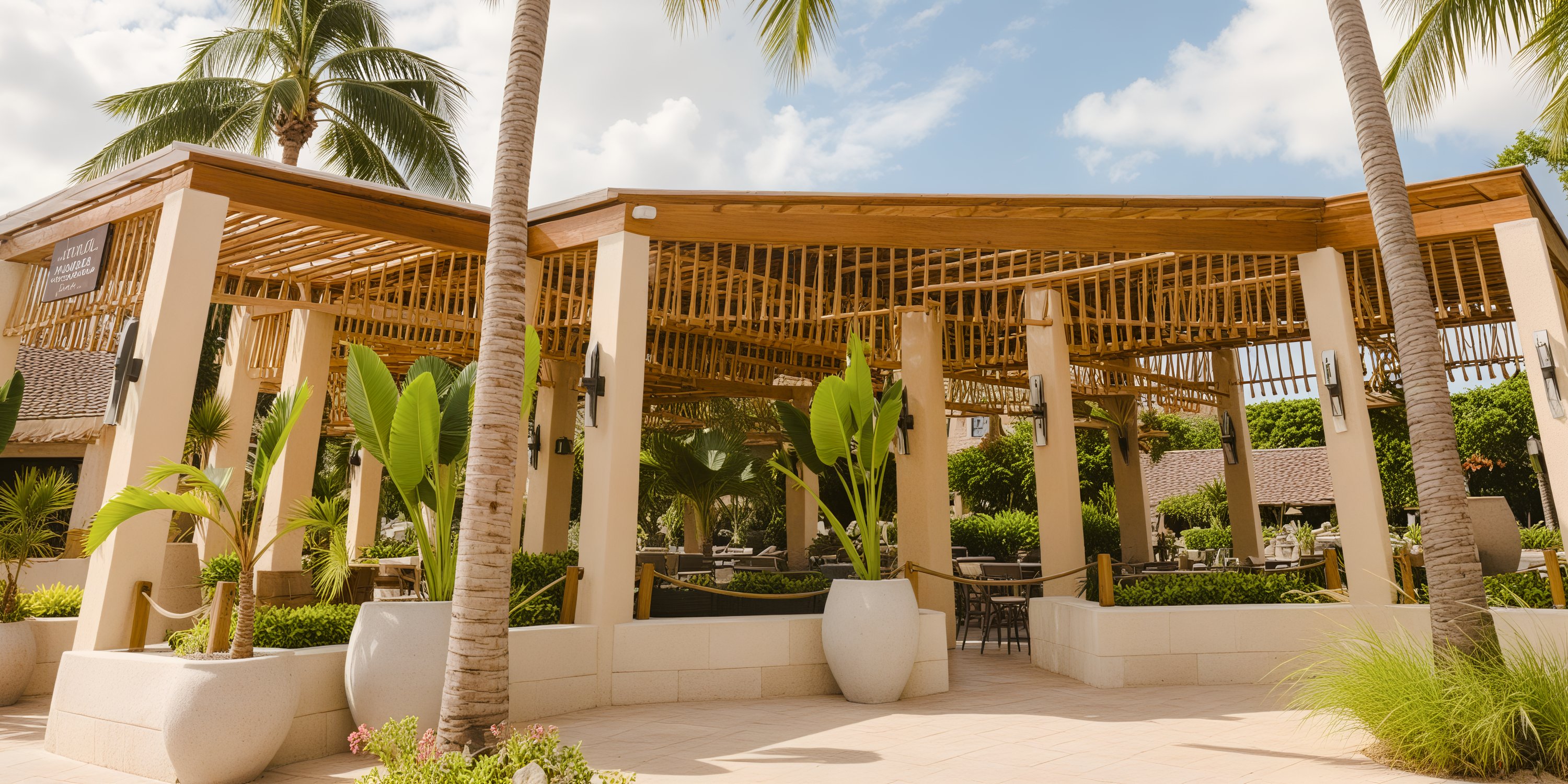 With sunny skies illuminating the Dreams Aventuras Riviera Maya's outdoor seating adorned with a wooden pergola, this setting is perfect for a destination wedding.