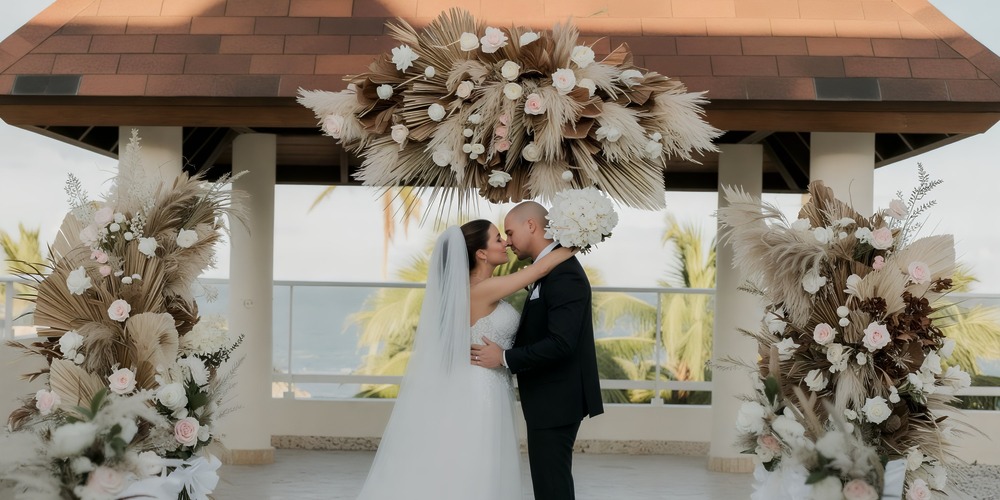 The bride and groom share a kiss beneath a floral arch during their destination wedding ceremony at Dreams Royal Beach Punta Cana.