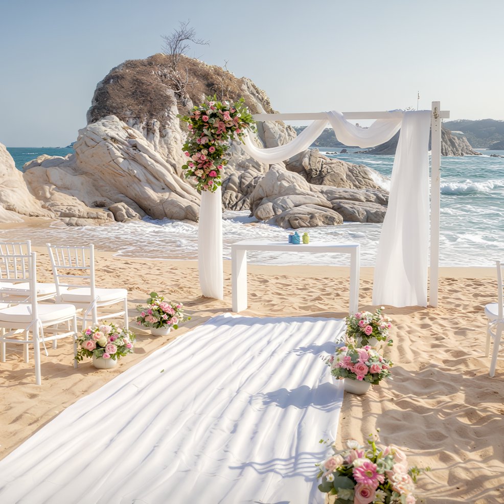 A destination wedding altar adorned with flowers and chairs arranged on a sandy beach by the ocean.