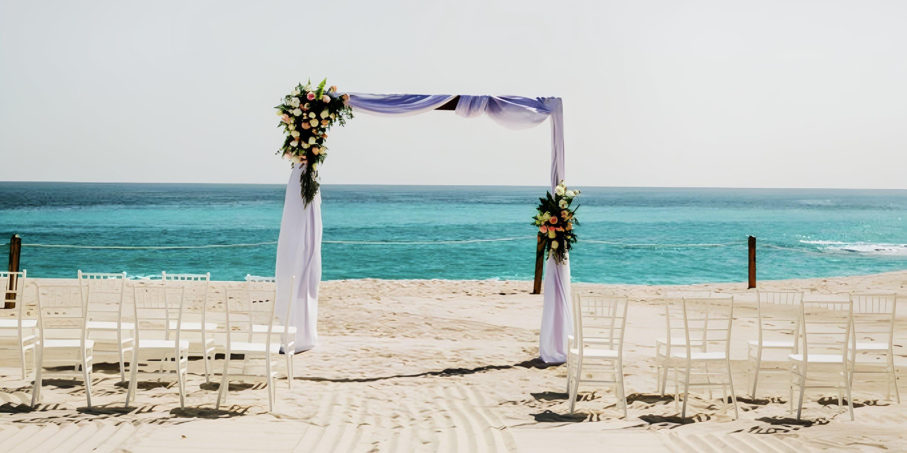Destination wedding setup with arch and chairs on Dreams Los Cabos beach, overlooking the ocean.