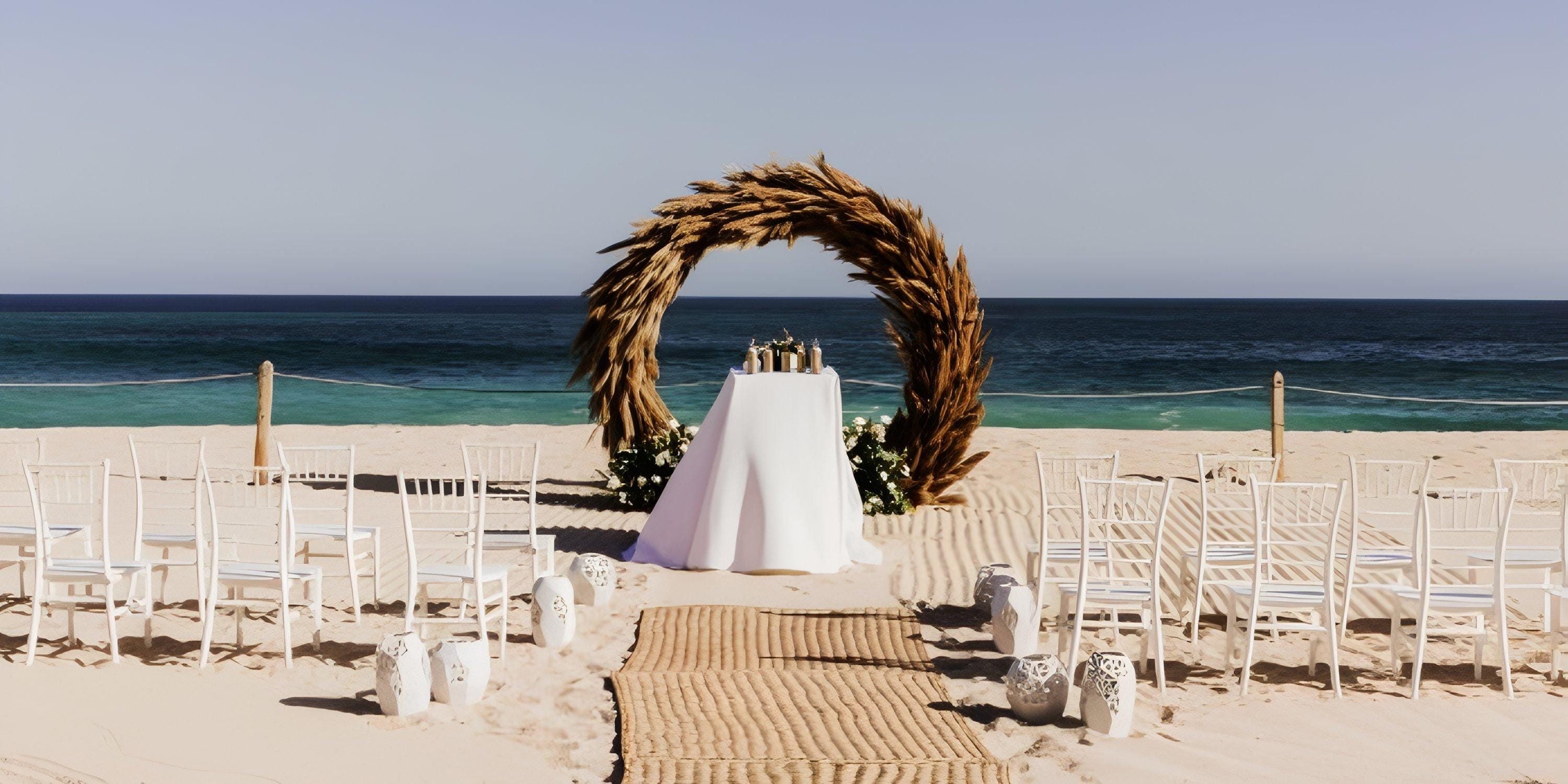 Destination wedding at Dreams Los Cabos featuring white chairs, pampas arch, and an oceanfront table.