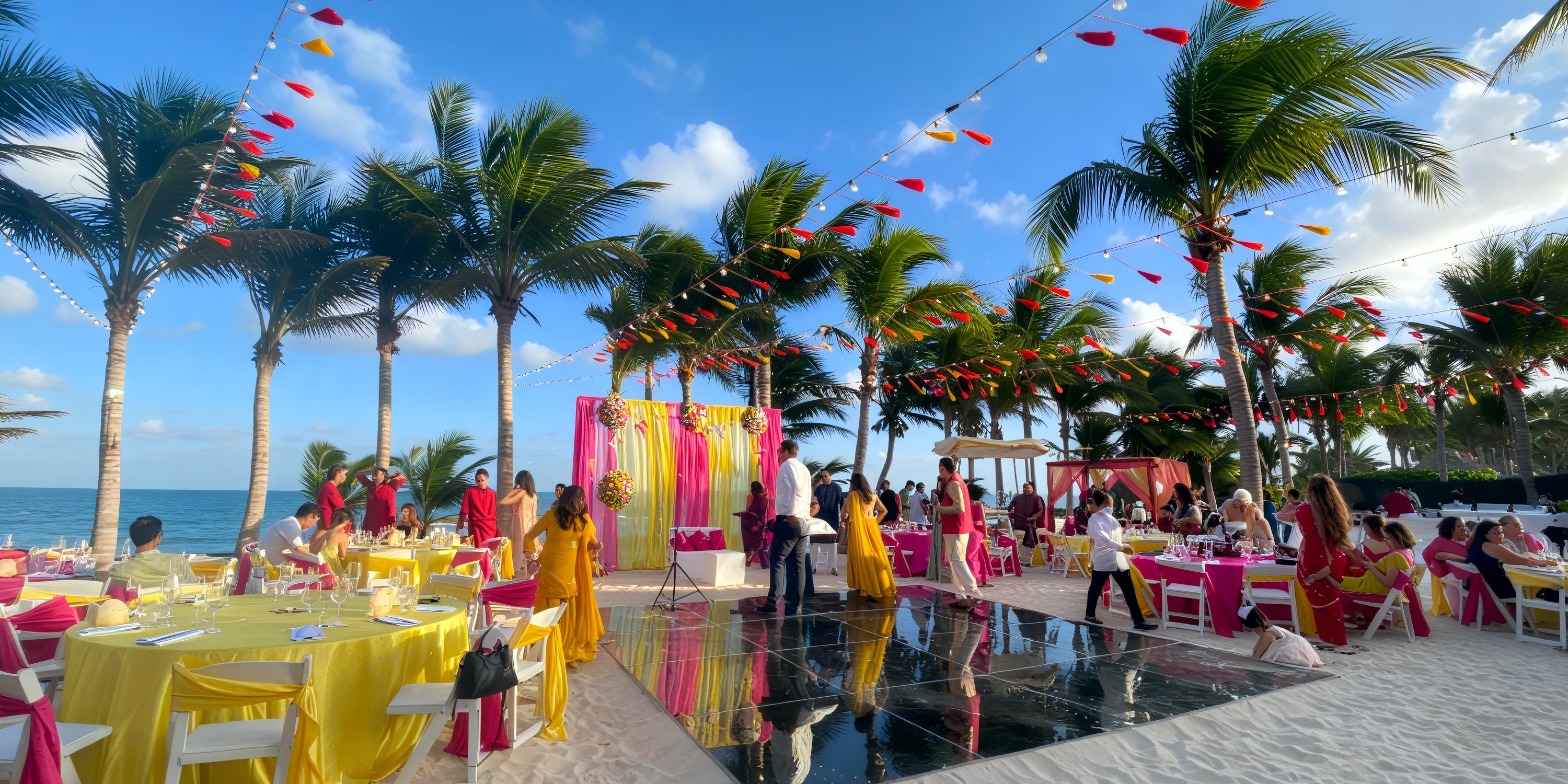 Experience a destination wedding at El Dorado Royale, featuring beautifully arranged tables and chairs adorned with vibrant decor, all set under the picturesque palm trees by the beach.