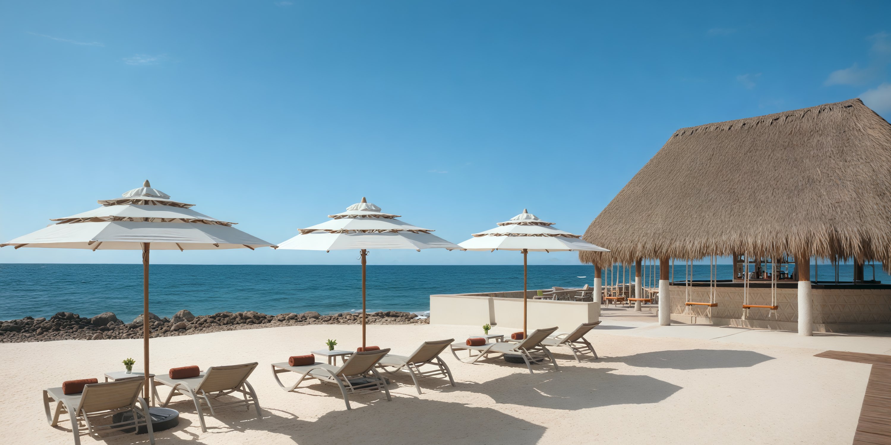 Lounge chairs and umbrellas on the beach at Dreams Aventuras Riviera Maya, perfect for a destination wedding.