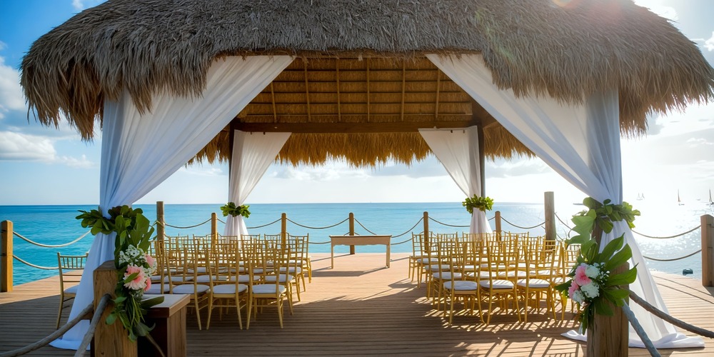 Experience a destination wedding at Dreams Dominicus featuring a beautiful beachside setup complete with a thatched gazebo and chairs perfectly arranged to face the ocean.