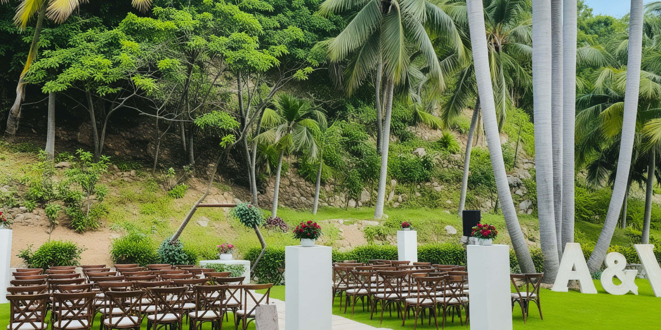A beautiful destination wedding setup at Dreams Huatulco features elegantly arranged chairs, stunning floral displays, and a grand A&V sign all set beneath the swaying palms.