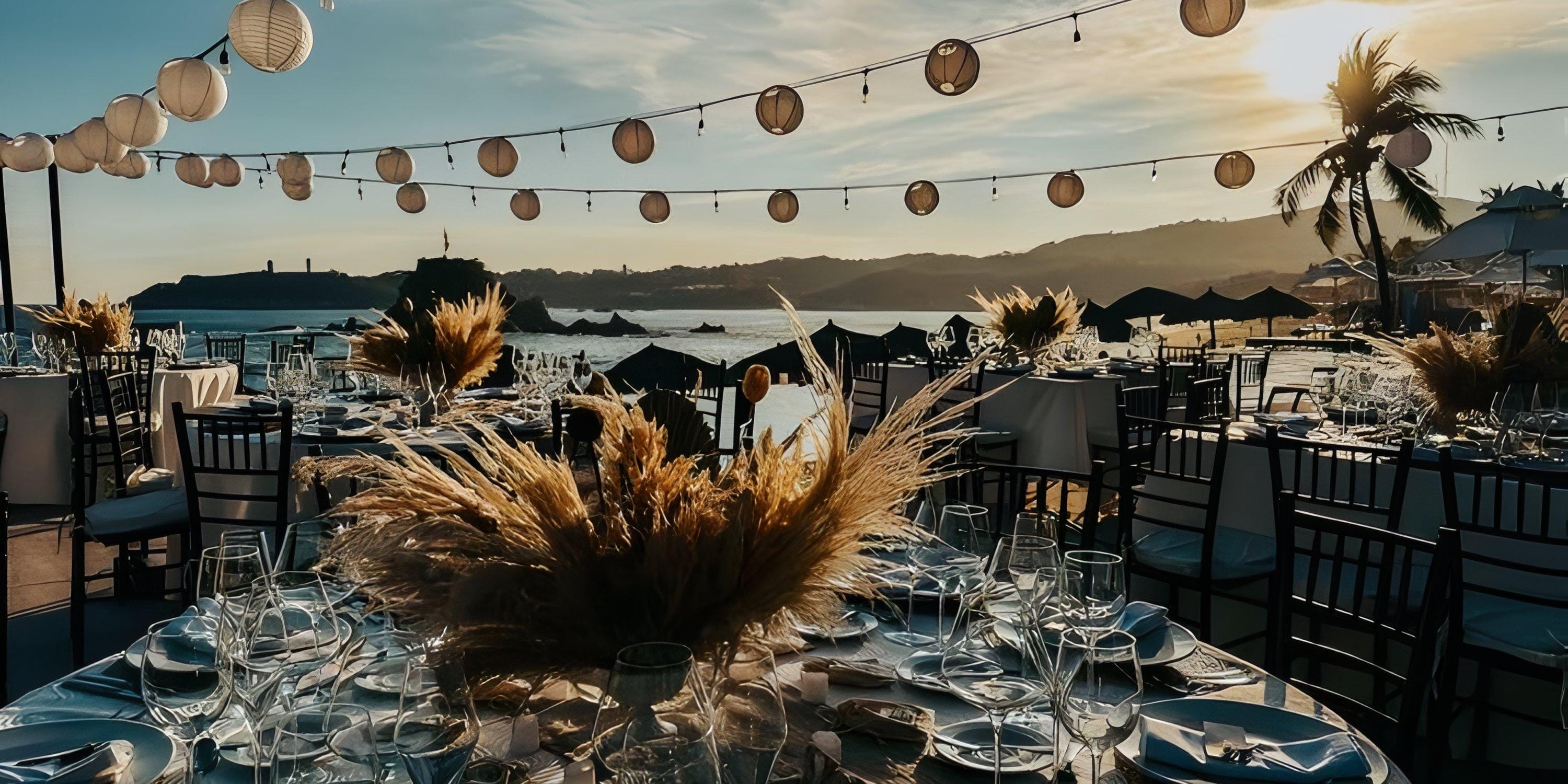 Dreams Huatulco: destination wedding beachside dining with decorated tables, string lights, sunset views.