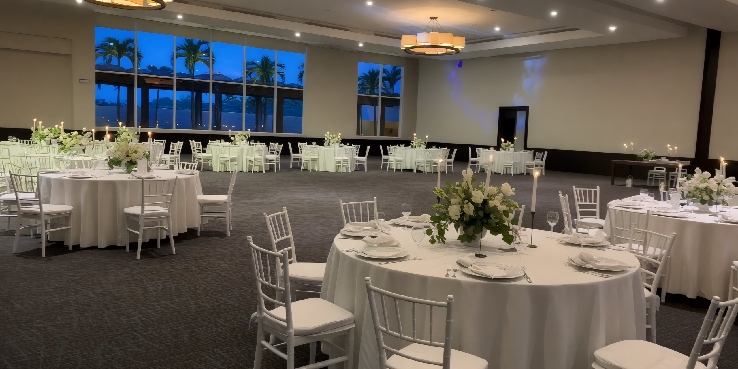 The banquet hall at Dreams Jade Riviera Cancun is elegantly arranged with round tables, adorned with white tablecloths and complemented by chairs, offering a perfect setting for a destination wedding.