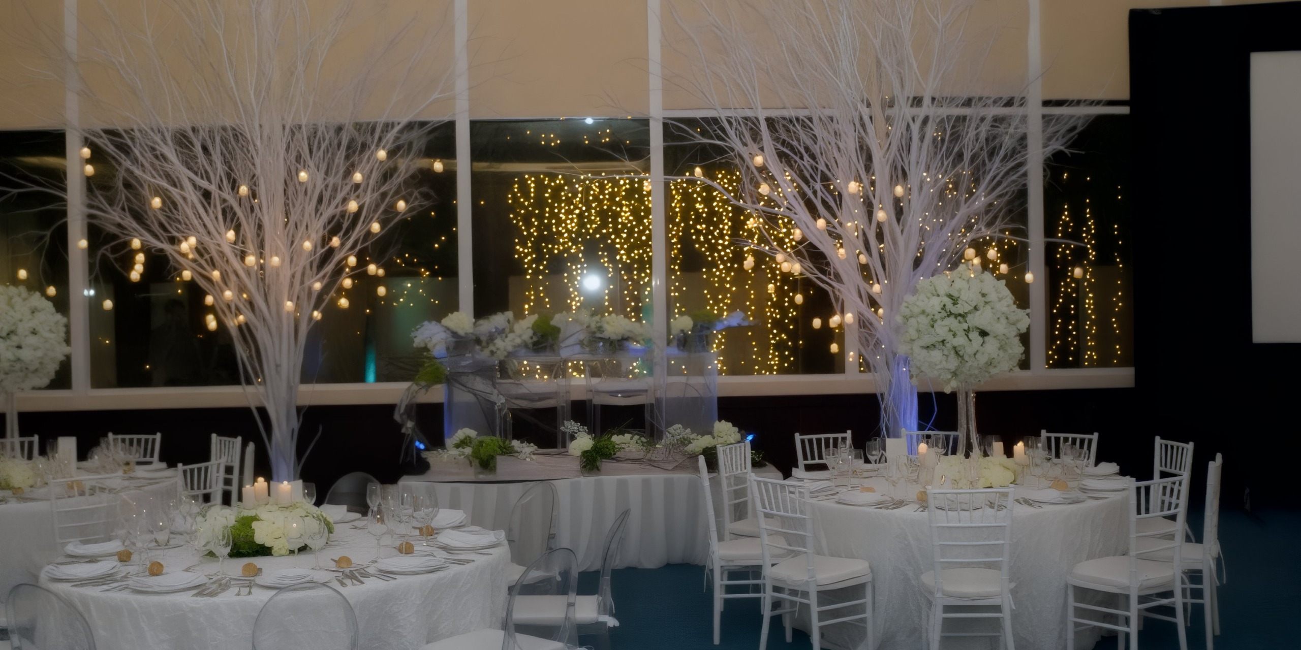 Dreams Jade Riviera Cancun provides an elegant setting for a destination wedding, featuring round tables, white decor, and twinkling lights.