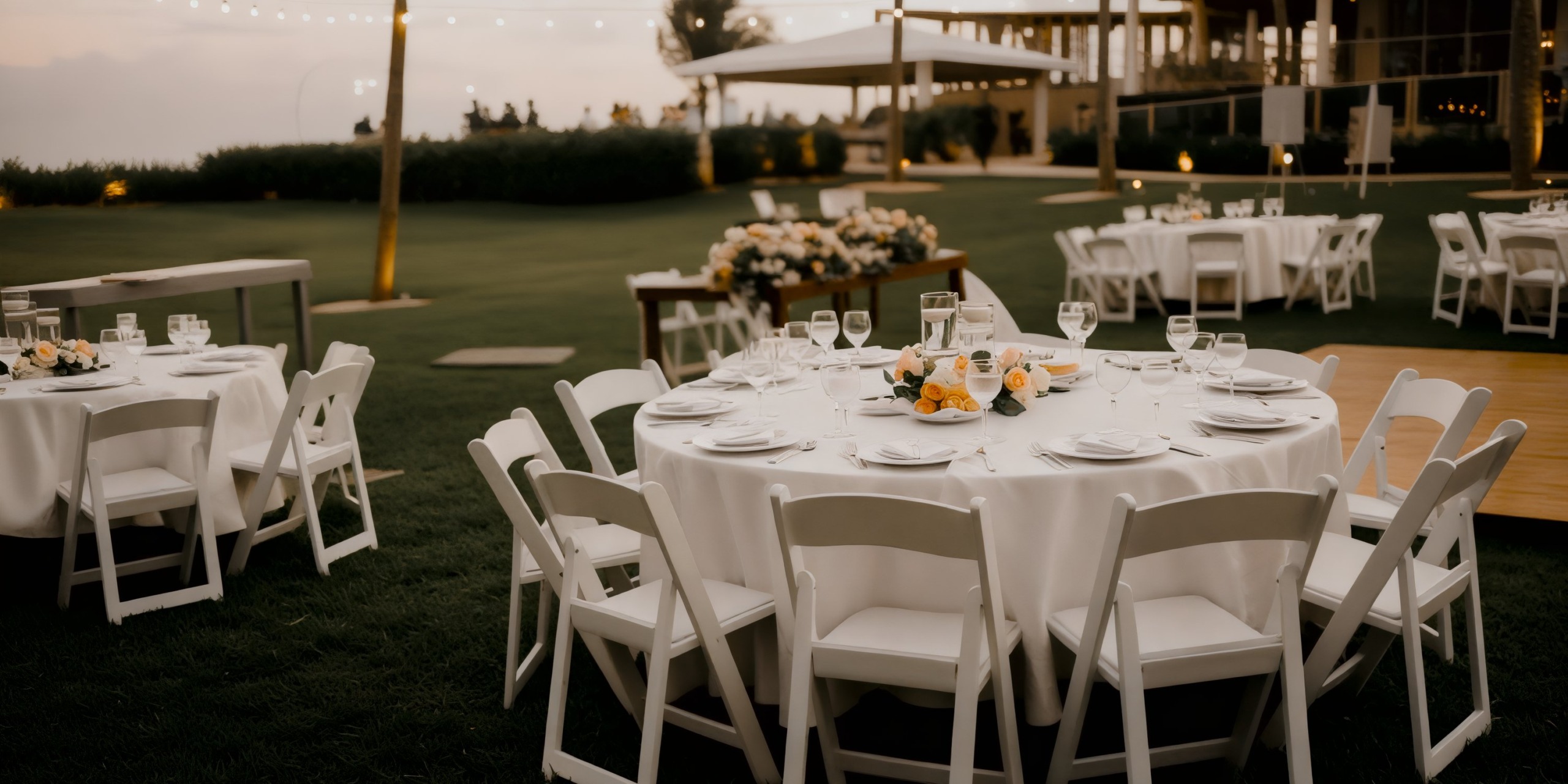 White tables and chairs at Dreams Jade Riviera Cancun are beautifully adorned with flowers and lights, creating a stunning setting for a destination wedding.