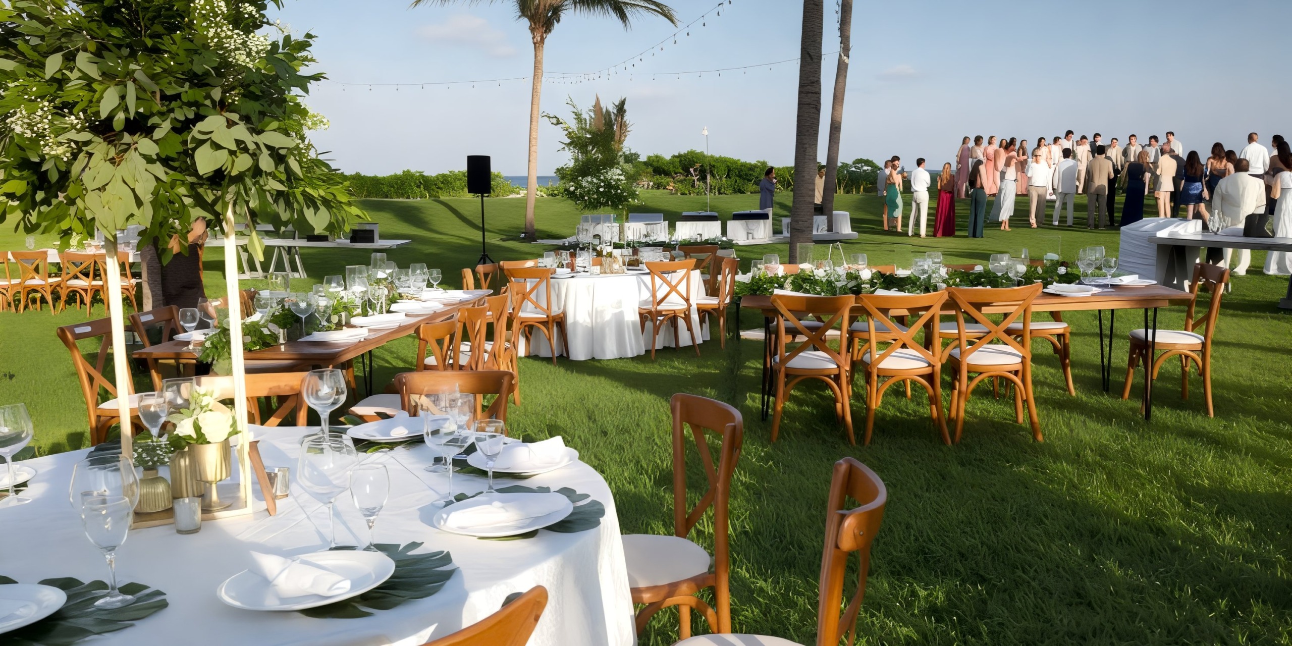 A destination wedding at Dreams Jade Riviera Cancun features beautifully decorated tables with guests enjoying the picturesque outdoor celebration in the background.