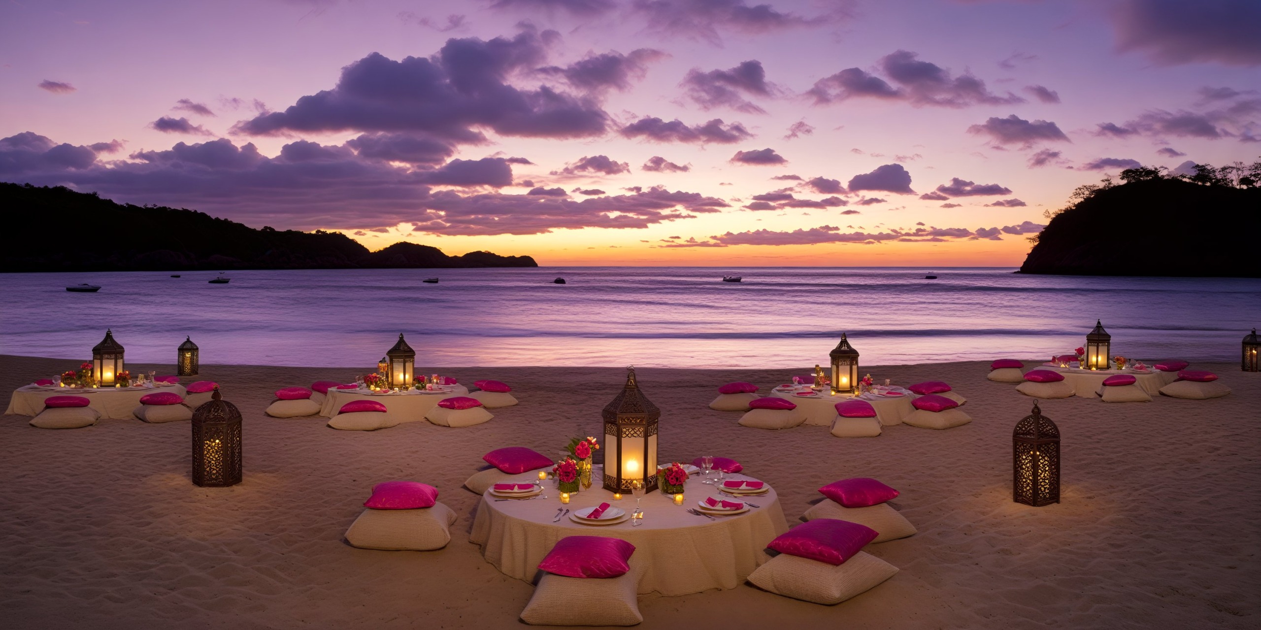 Dreams Las Mareas offers a picturesque beach dinner experience perfect for a destination wedding, complete with cozy cushions, enchanting lanterns, and breathtaking sunset ocean views.