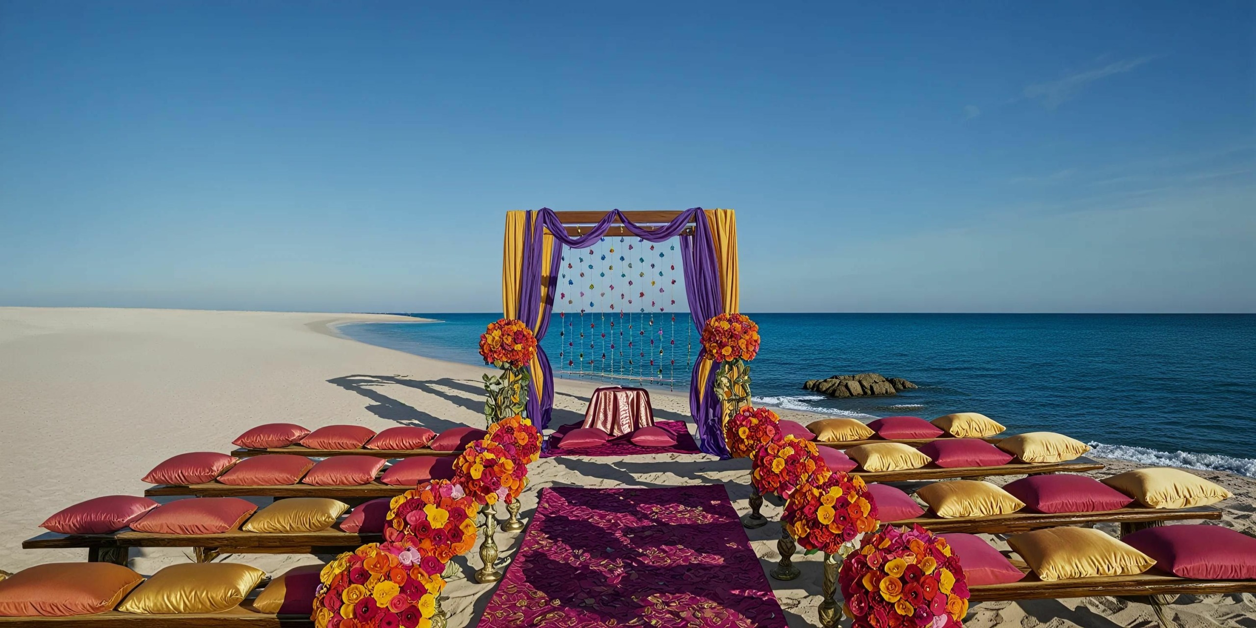 An outdoor wedding altar on a beach is adorned with vibrant flowers and colorful drapes. Rows of cushioned seating face the altar, all set against a backdrop of sand and a calm blue ocean.