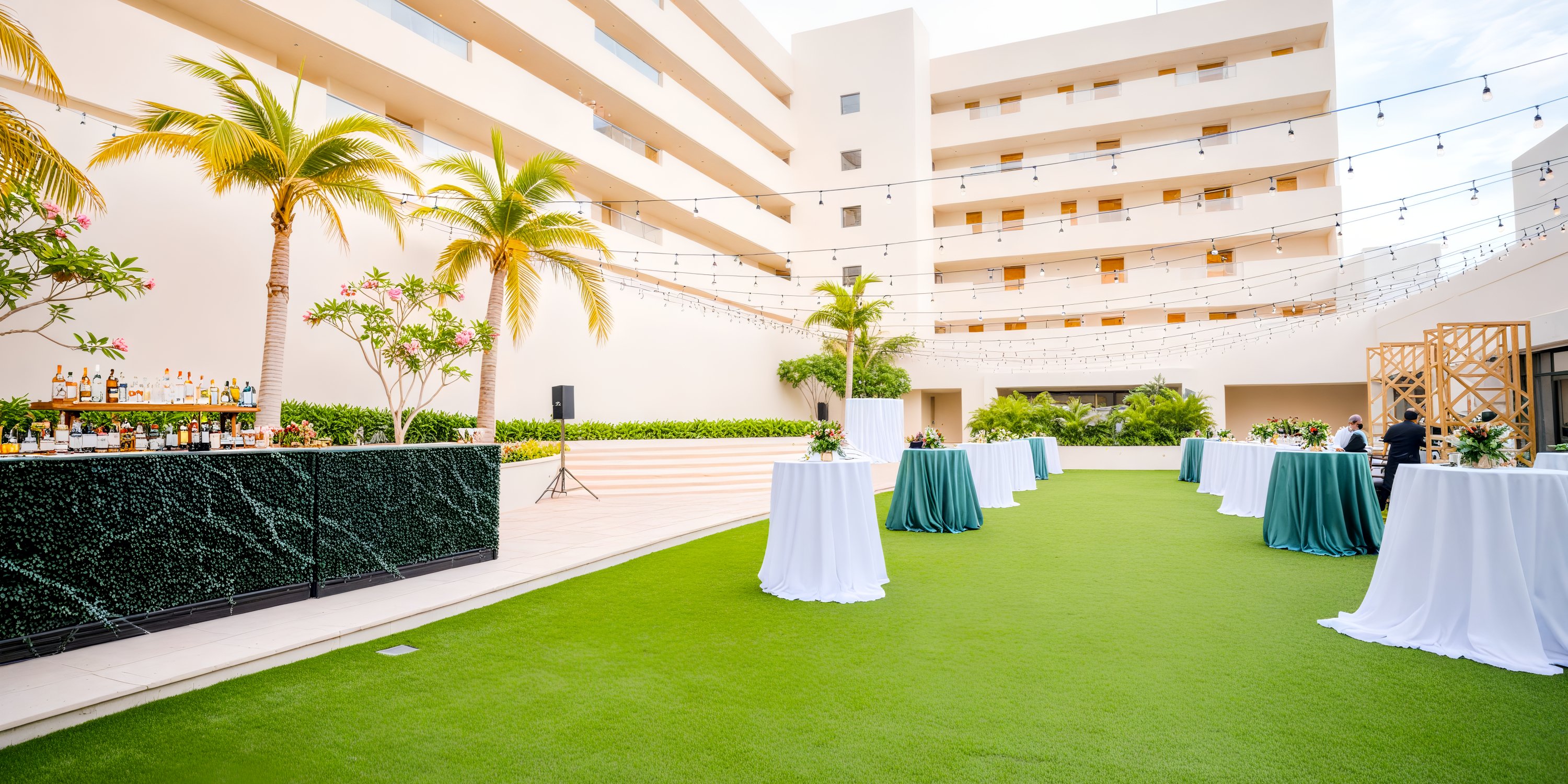 Dreams Natura: An enchanting outdoor event space, perfect for weddings or destination weddings, featuring cocktail tables, string lights, a bar, and lush turf.