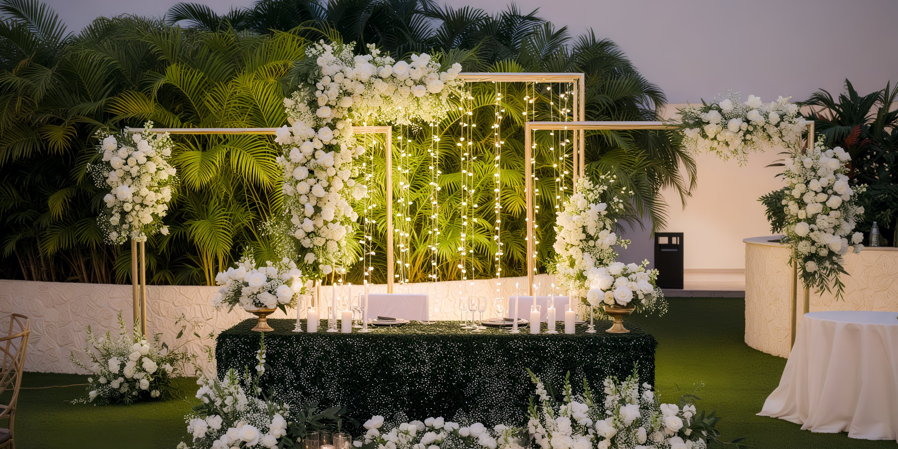Dreams Natura destination wedding table adorned with white florals, lush greenery, and romantic string lights set outdoors.
