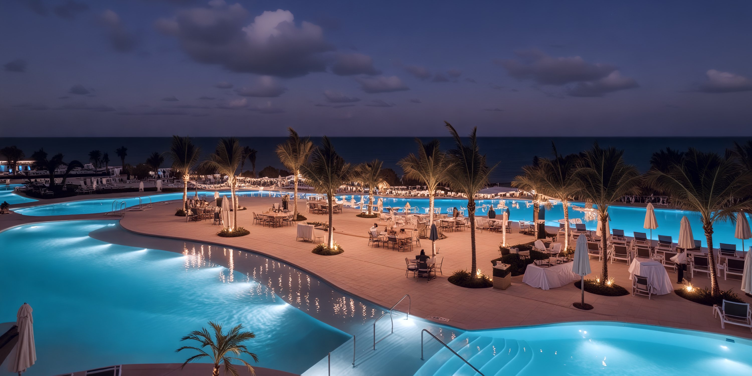 Dreams Natura’s large, light-filled pool area with palms is a stunning destination wedding spot at dusk.