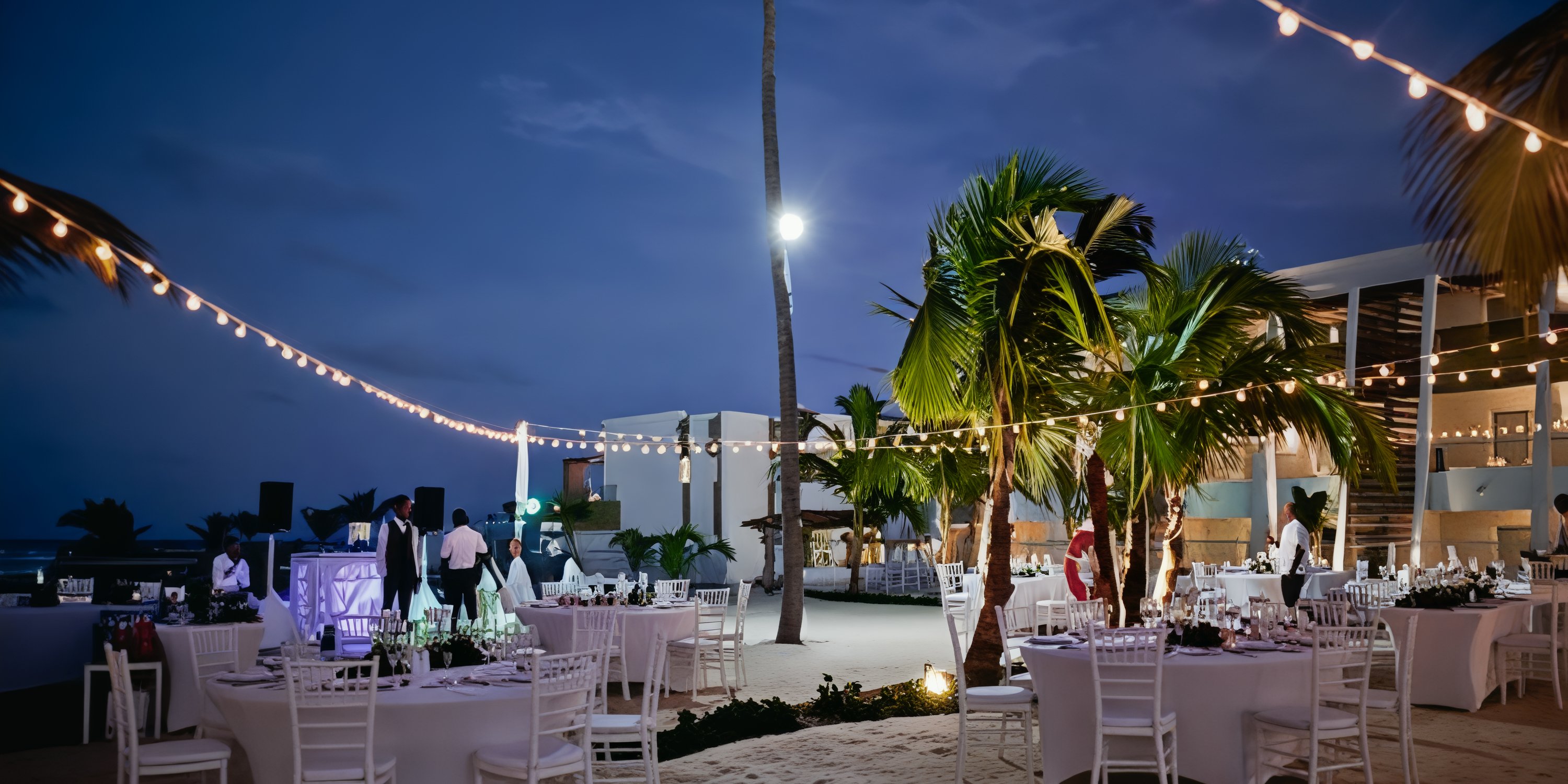 Destination wedding setup at Dreams Onyx: round tables, string lights, and palm trees by the beach at dusk.