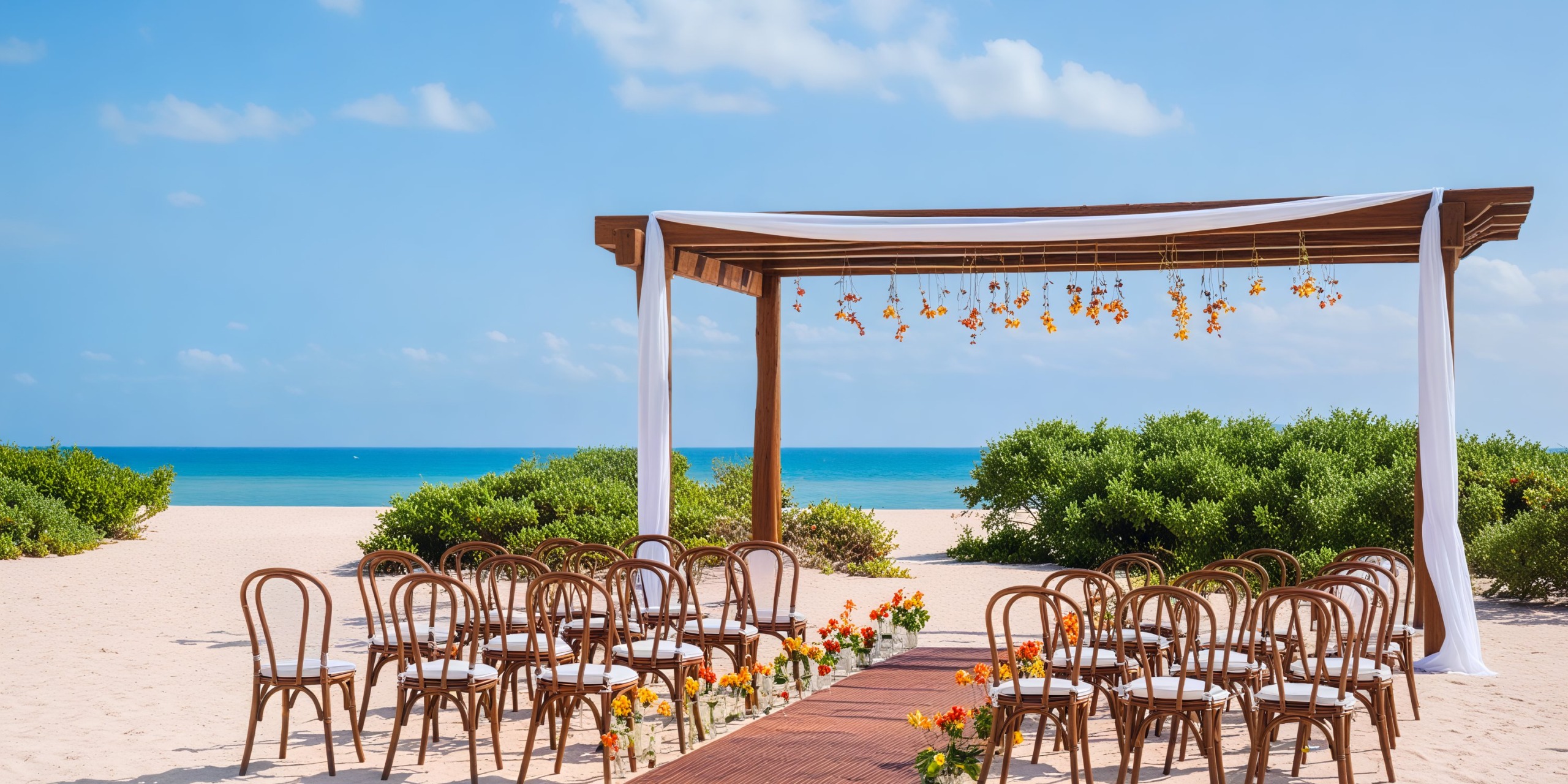 Secrets Playa Mujeres provides a stunning outdoor setup for a destination wedding, featuring chairs and a beautifully adorned floral wooden arch by the beach.