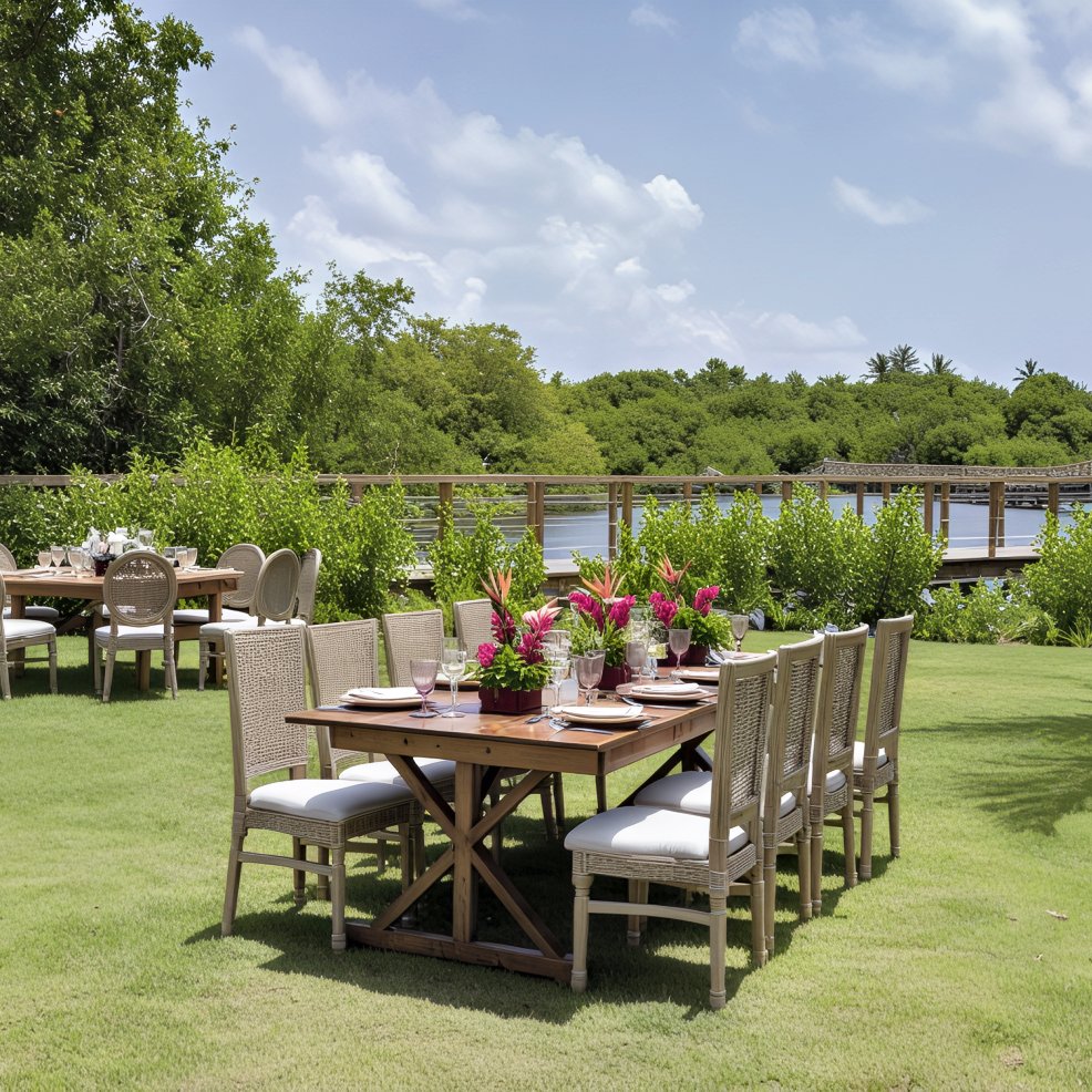 Charming outdoor wedding dining setup featuring beautifully decorated tables and chairs arranged on a lush lawn near a wooden bridge and tranquil water, perfect for a picturesque destination wedding celebration.