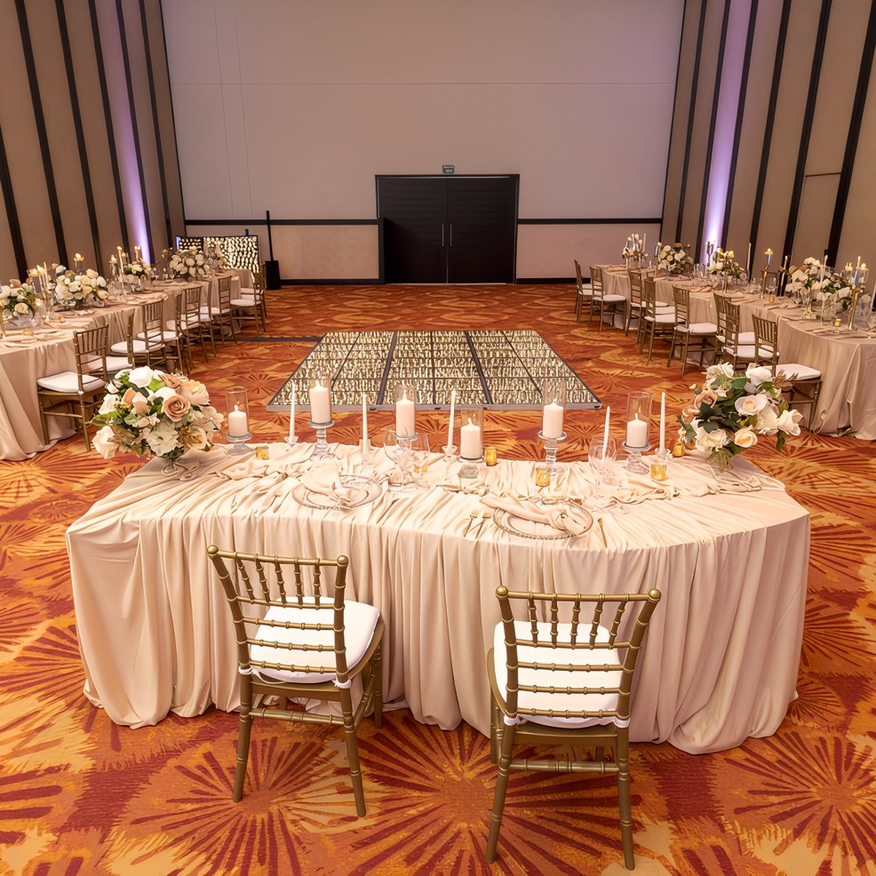 A banquet hall set for a destination wedding, with draped tables, floral centerpieces, and arranged chairs.