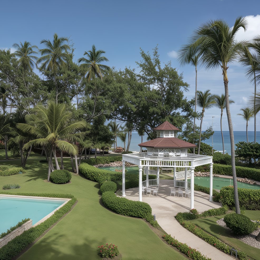 White gazebo in a landscaped garden by pools and palms, perfect for a destination wedding by the ocean.