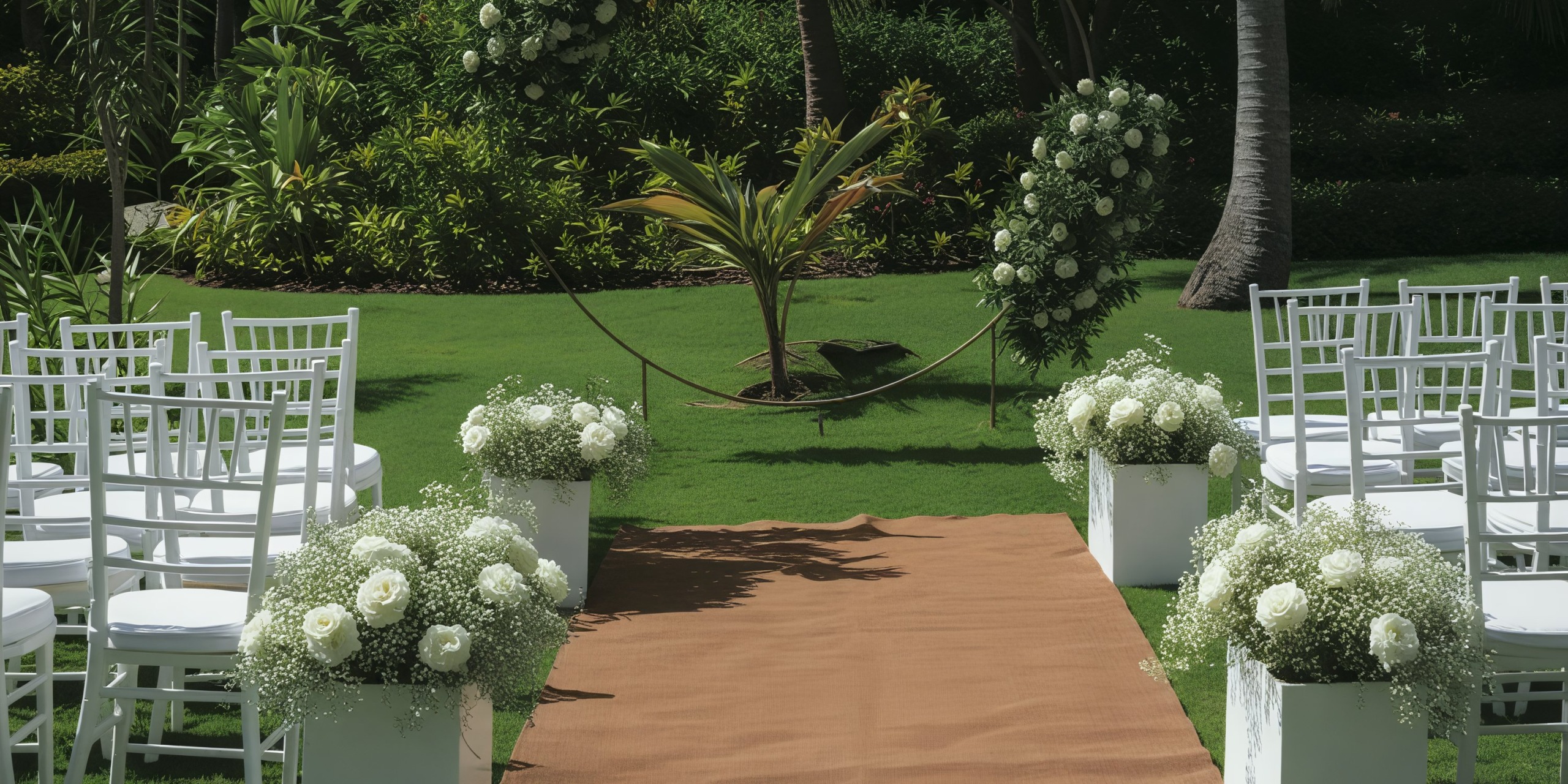 Experience a stunning destination wedding at Grand Palladium Palace, where a sunlit lawn is beautifully arranged with white chairs and exquisite floral displays lining the aisle.